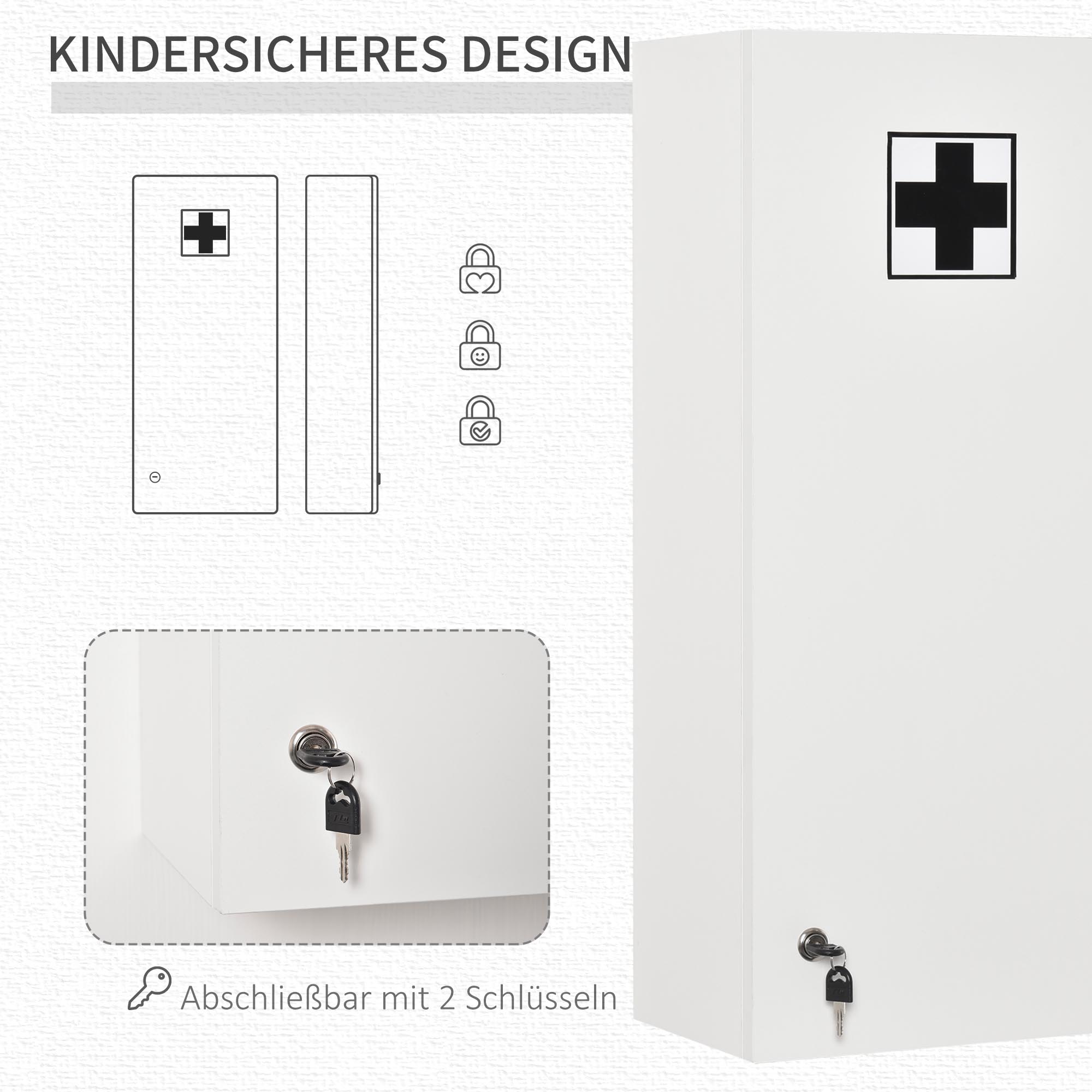 Medizinschrank Arzneischrank Wandschrank Hängeschrank mit verstellbarer Ablage Erste-Hilfe-Kreuz abschließbar für Badezimmer Küche Flur Weiß 30x20x70 cm
