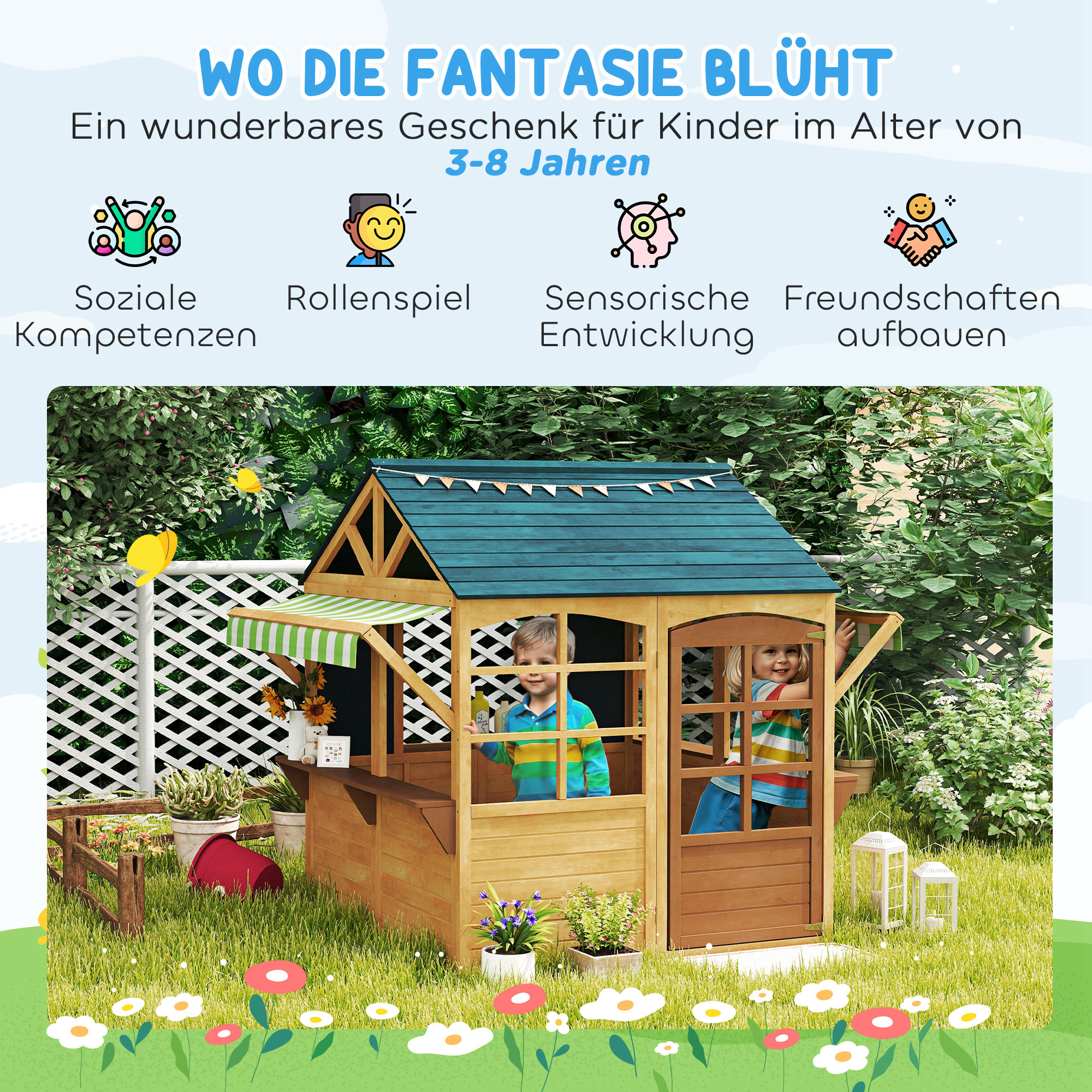 Kinderspielhaus aus Tannenholz, Faltbares Häuschen mit Fenstern, Tür, für Kinder im Alter von 3-8 Jahren, Braun+Blau