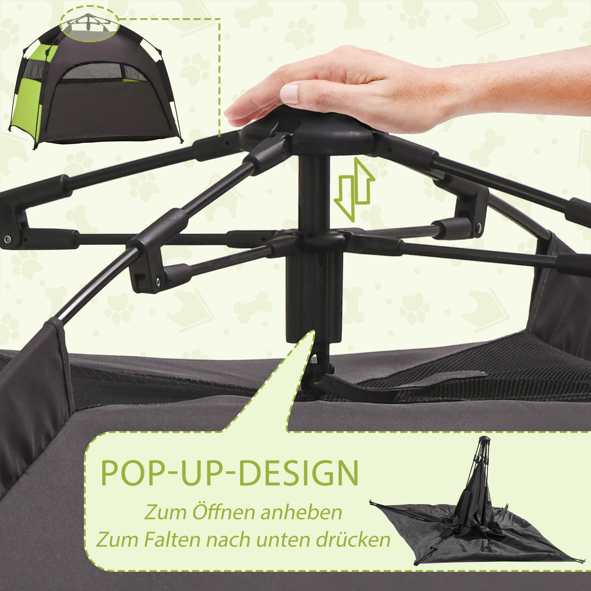 Haustierzelt Hundezelt Outdoor Tierzelt, 110 cm x 110 cm x 85 cm. Bodenspieße +  Transporttasche. Grün + Schwarz