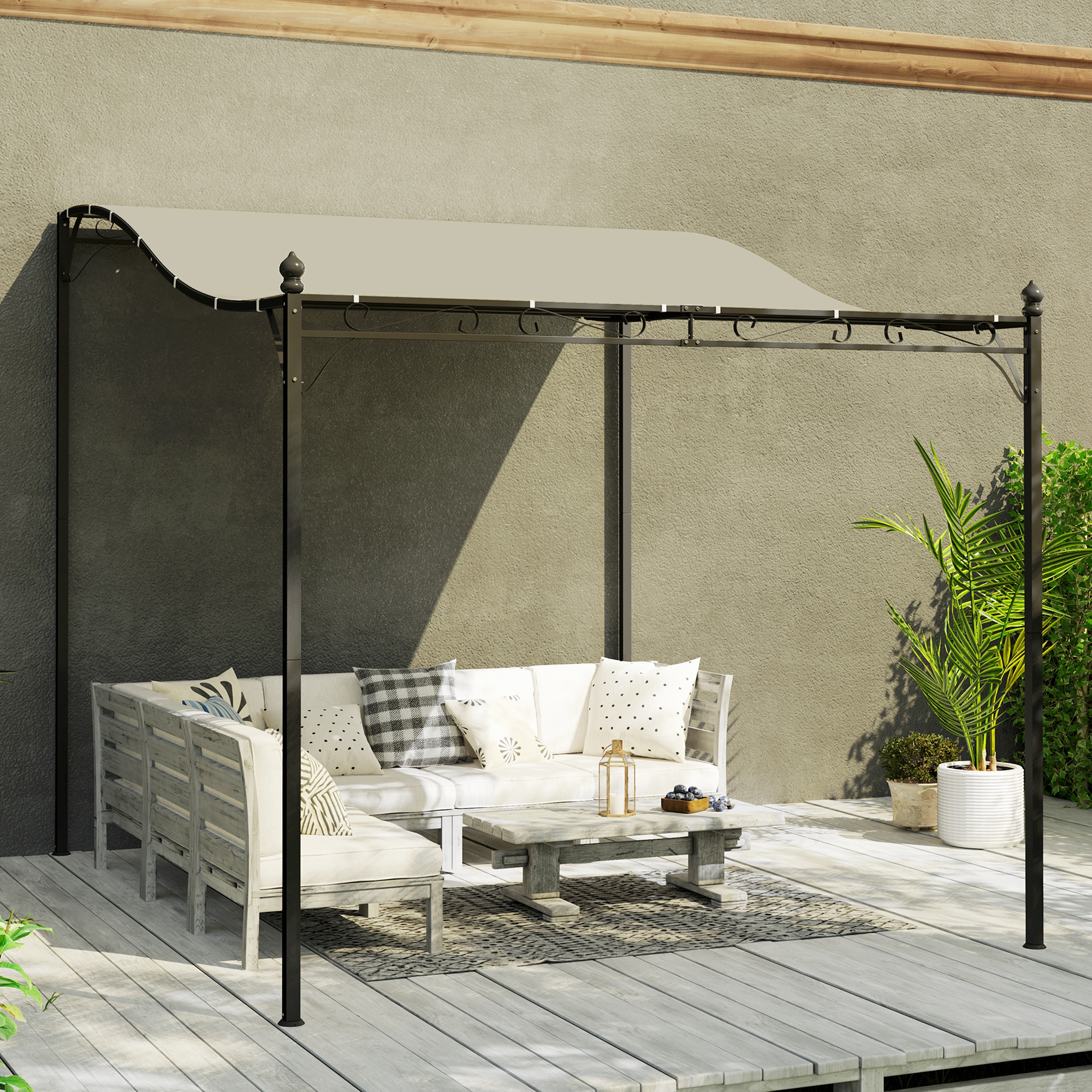 3 x 2,5 m Pergola, Wandmontierter Garten-Pavillon, wasserbeständig, Metallrahmen, Ablauflöcher, Schattendach, Cremeweiß