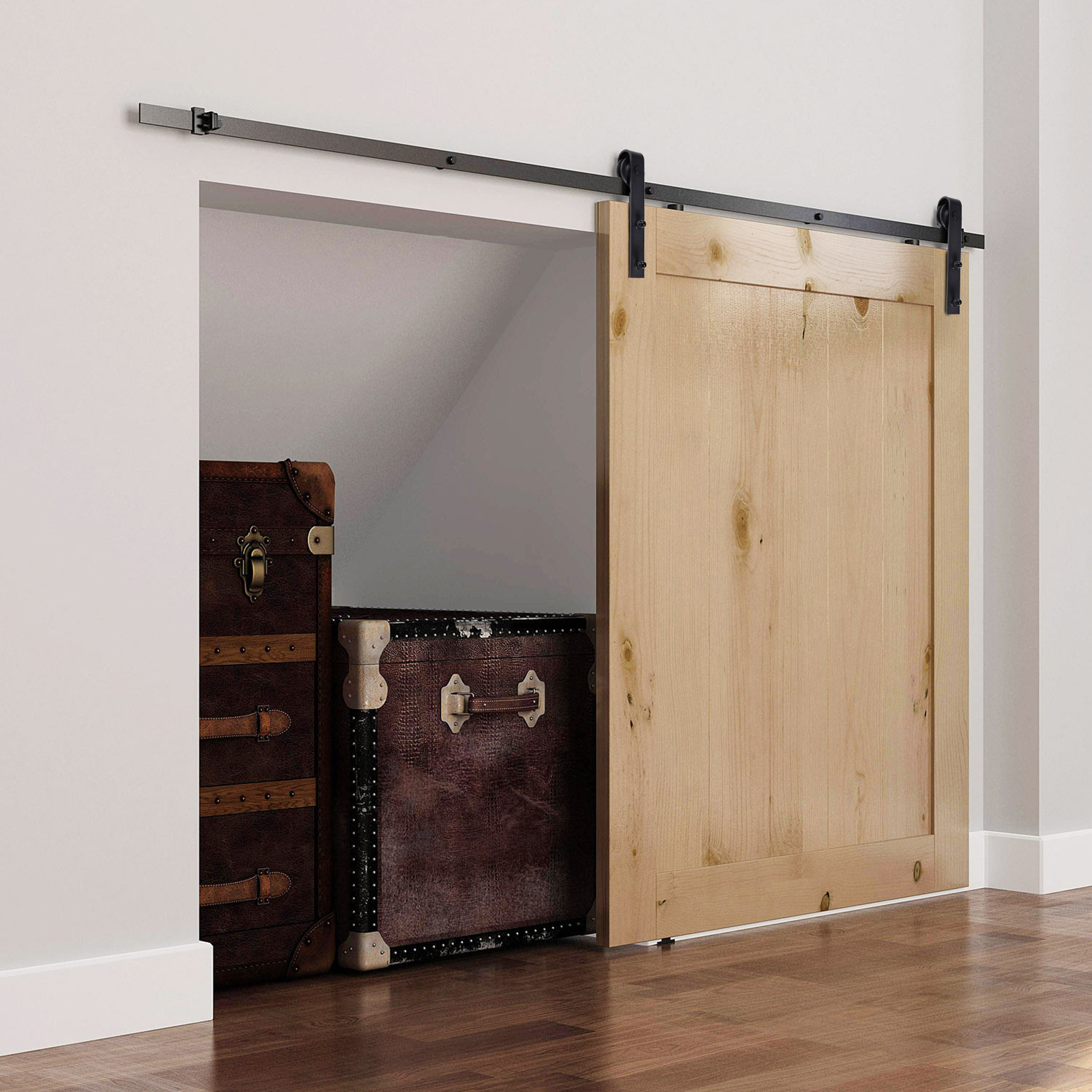 Gleitschienen-Bausatz für Schiebetür, bis 90 kg, Kohlenstoffstahl, 200 cm, Schwarz, inkl. Werkzeuge