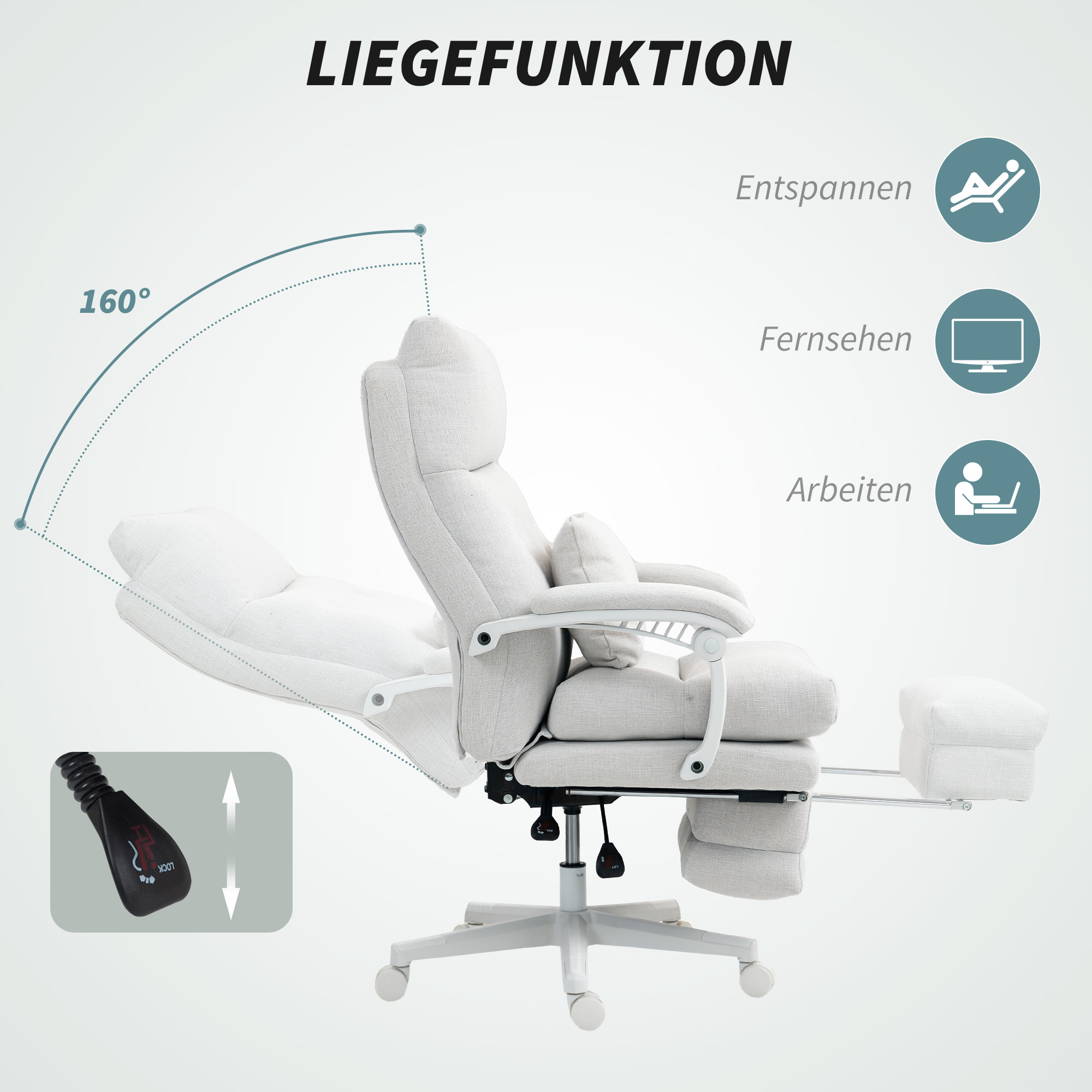 Rollsessel, Leinenoptik, höhenverstellbar, 160 Grad neigbar, Fußstütze, Cremeweiß