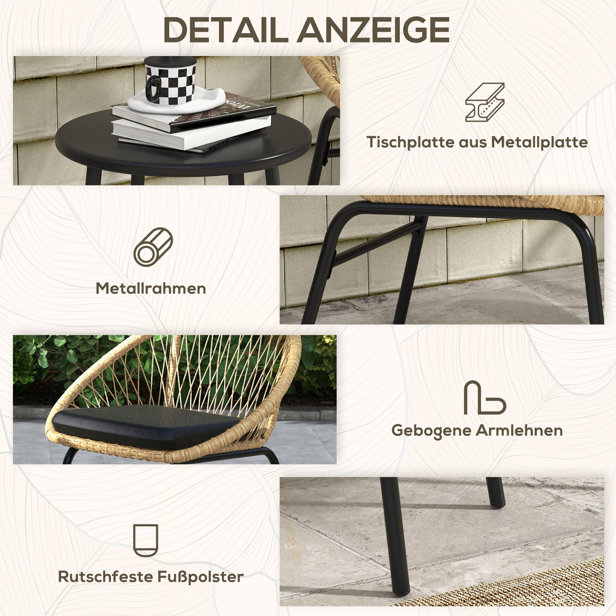 Rattan Terrassengarnitur, Gartenmöbel-Set, 2 Sessel & Tisch, Gelb