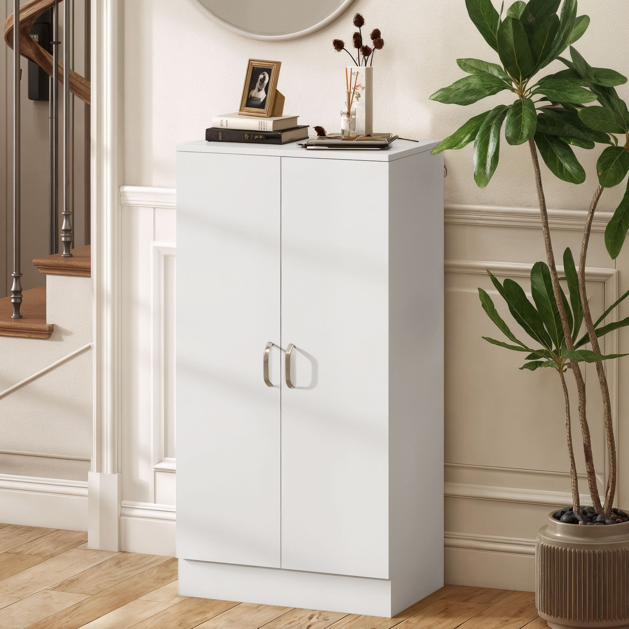 Schuhschrank mit Soft-Close-Scharnieren, verstellbare Regale, 6-stufiges Schuhregal für Flur, Eingangsbereich, für 14 Paare, 55 x 35 x 108 cm, Holz, Weiß