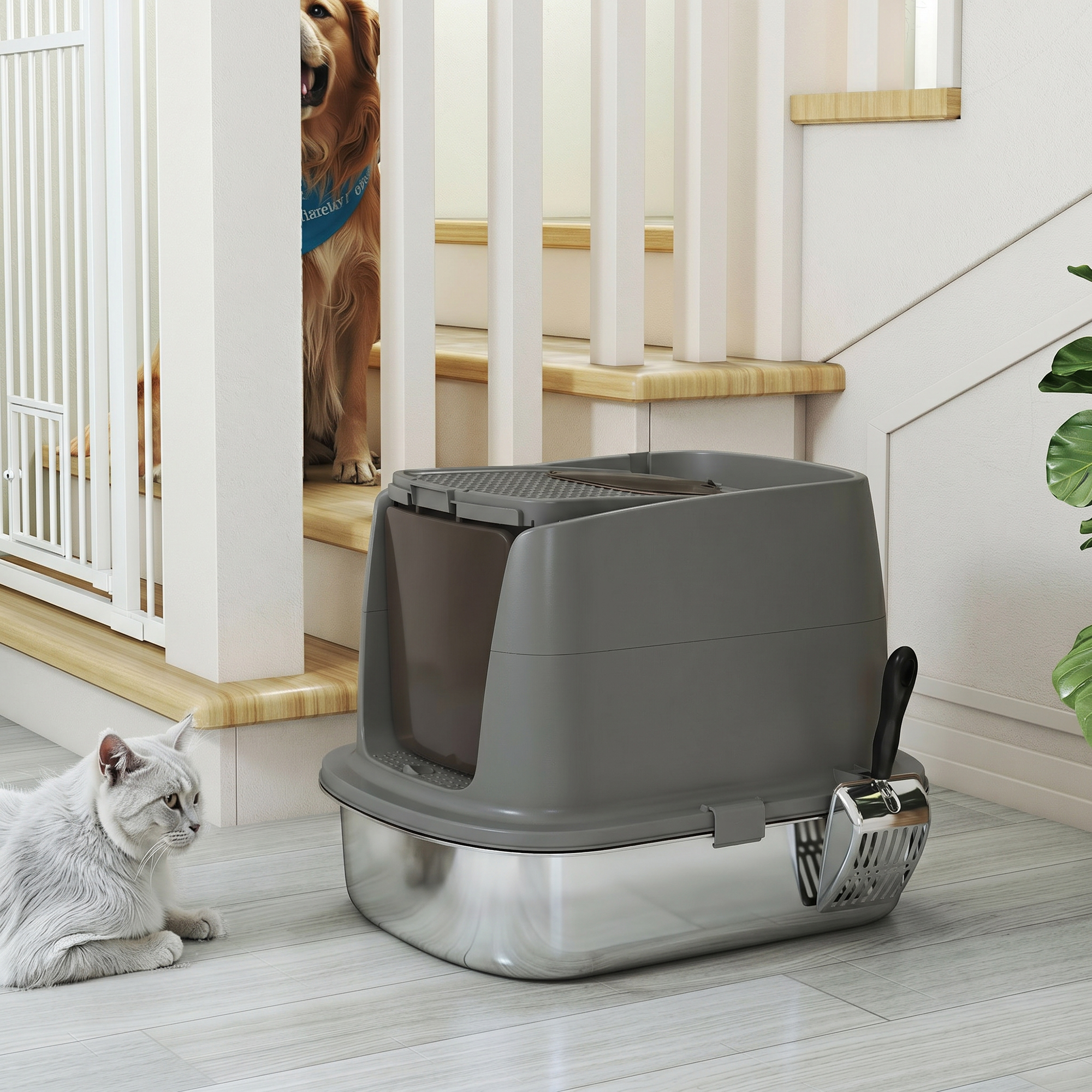 Katzentoilette aus Edelstahl, geschlossene Katzenstreuschale mit Metallschaufel und Deobeutel, dunkelgrau