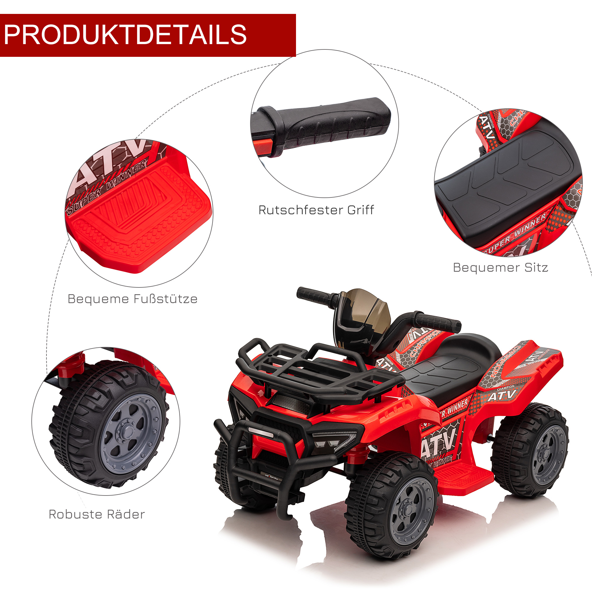 Kinderquad 6V Kinderquad mit Vorwärtsfunktion, Musik, Elektro-Quad für Kinder 1,5-3 Jahre Rot