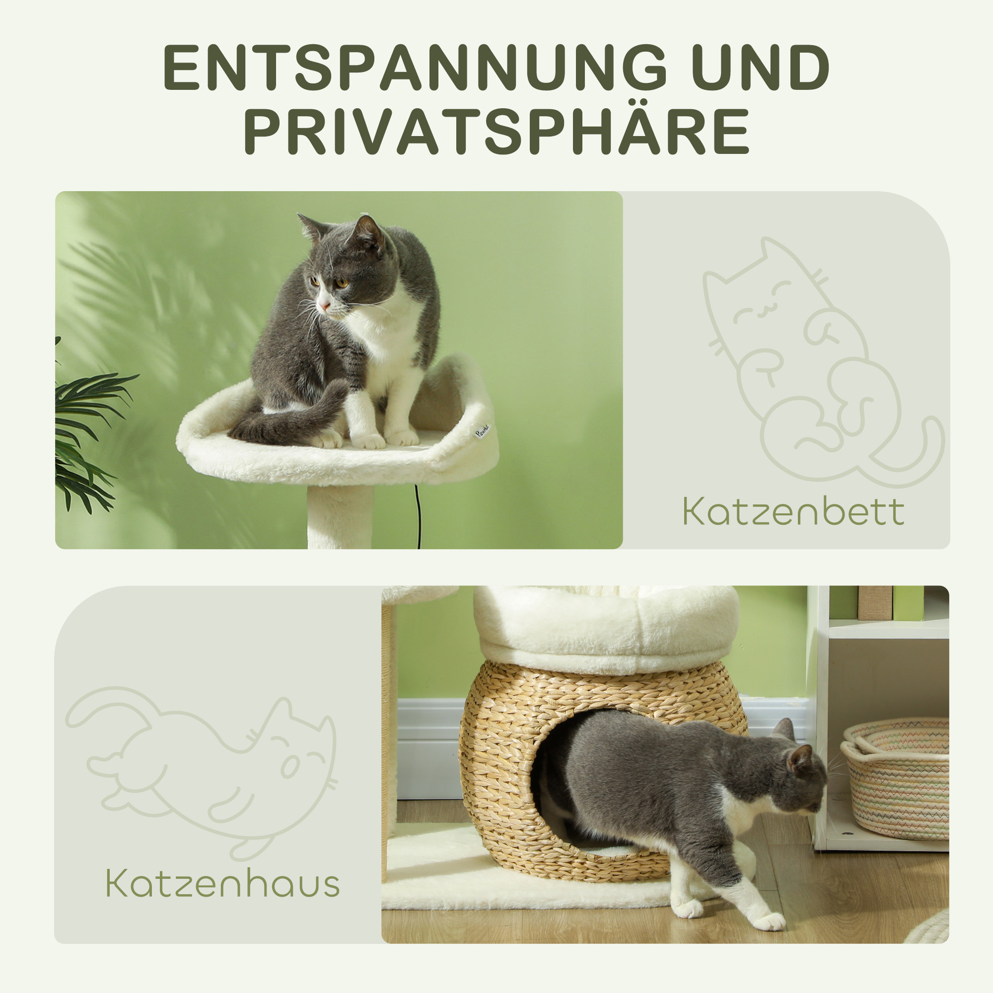 Kratzbaum mit Katzenhöhle, Spielball und Plattform, Schilfrohr/Sisal, bis 10 kg, 60 x 40 x 79 cm, Cremeweiß