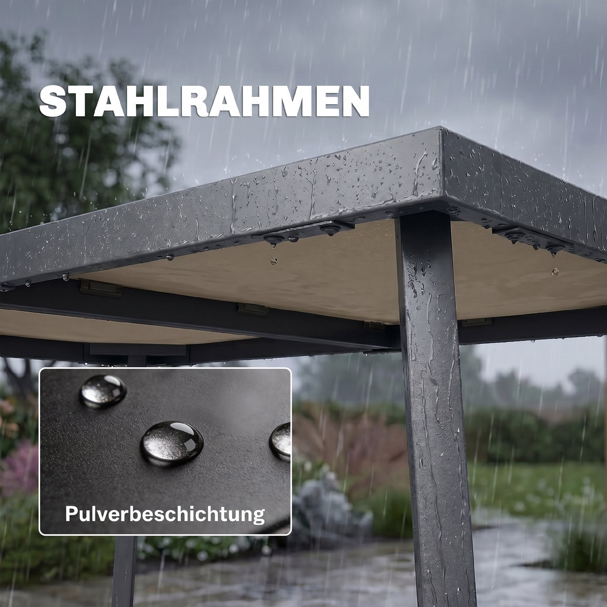 Outdoor Tisch für 6 Personen, Holzoptik, Metallrahmen, wetterfest, 145 x 85 x 72 cm, Grau