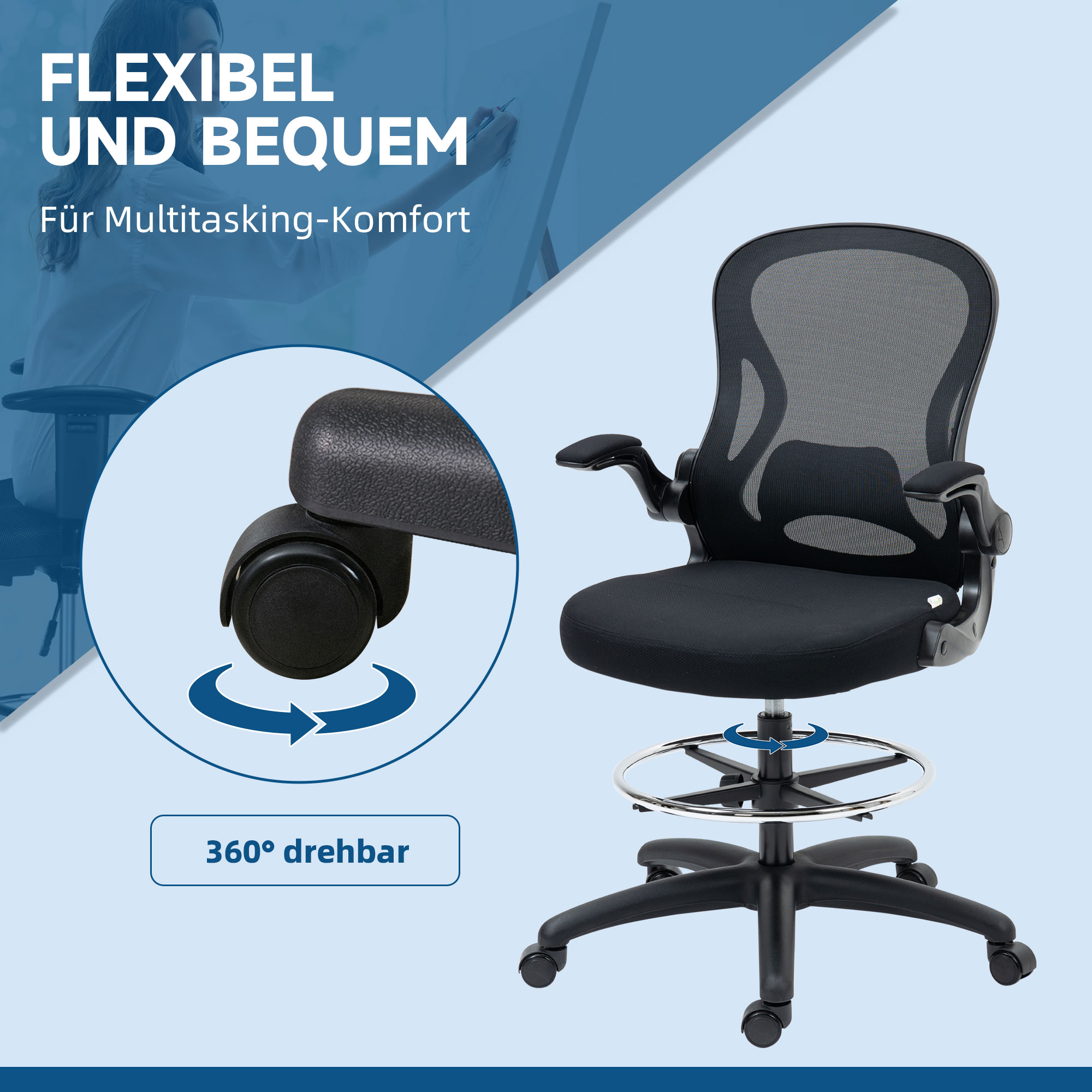Zeichenstuhl, höhenverstellbarer Bürostuhl, mit Fußstütze, 59 cm x 65 cm x 122 cm, Schwarz