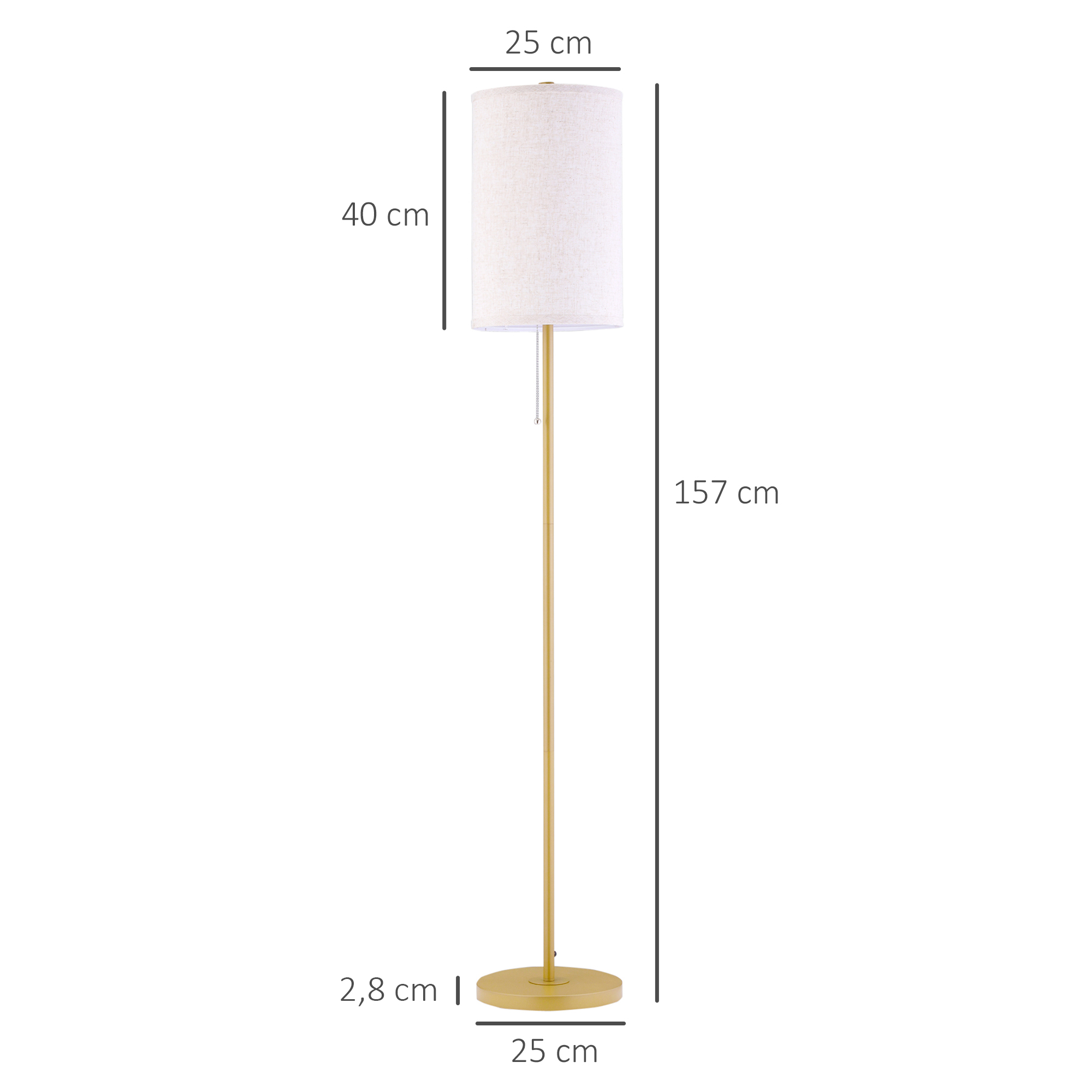 Stehlampe, elegante Stehleuchte aus Stahl mit Stoffschirm, Wohnzimmerlampe, Zugkettenschalter, gold+weiß
