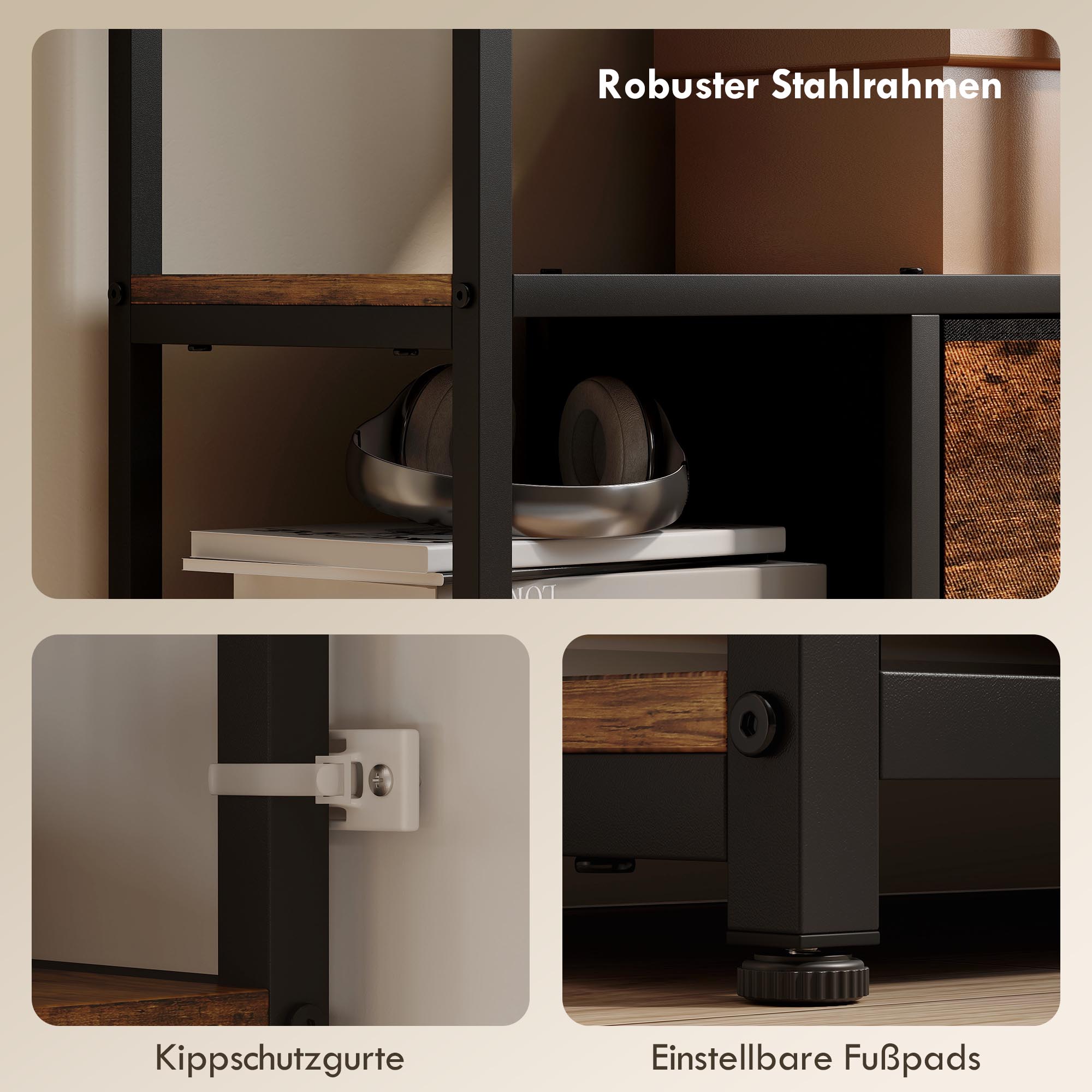 Aufbewahrungsregal, 2 Stoffschubladen, 9 offene Fächer, freistehendes Regal mit Stahlrahmen, Braun+Schwarz