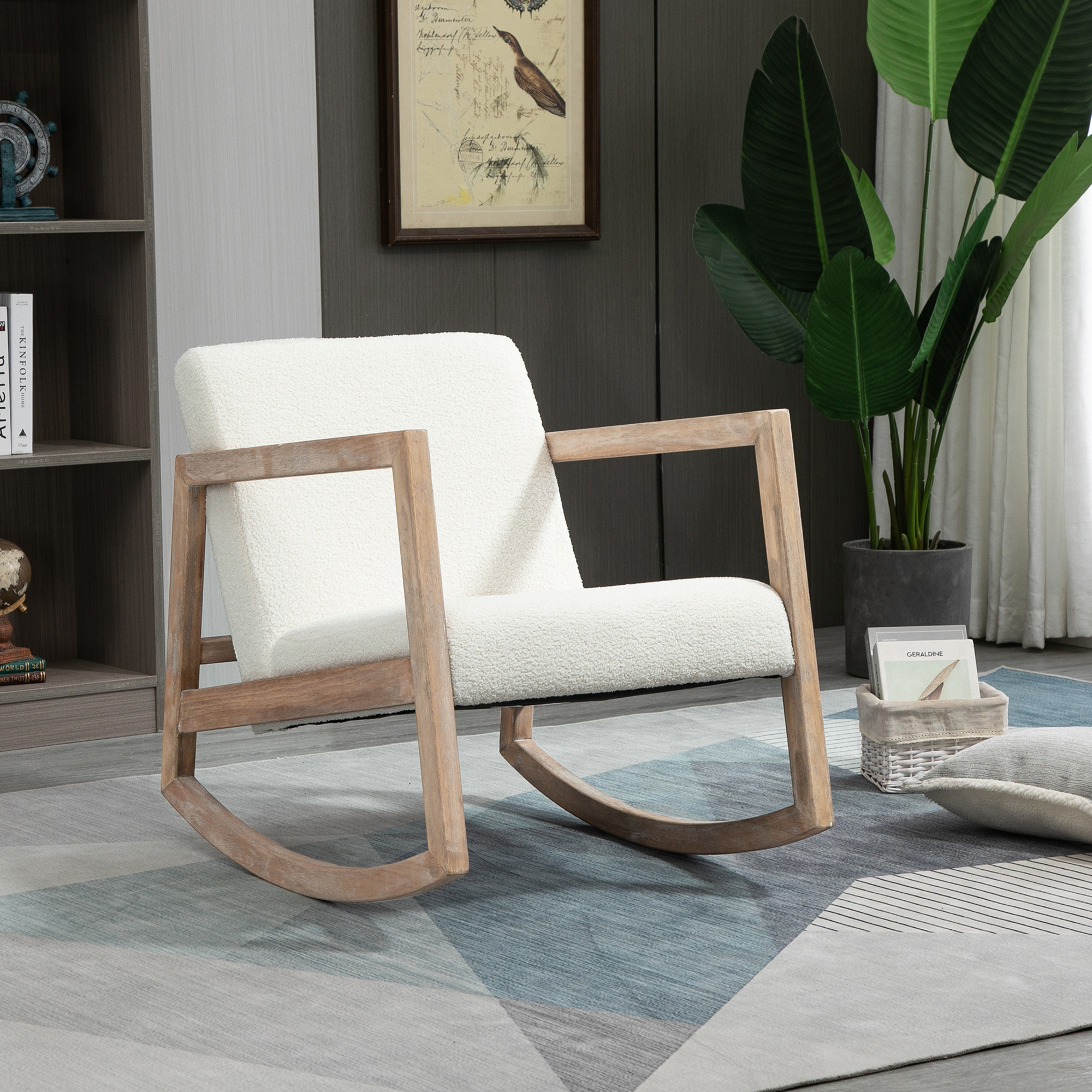 Schaukelstuhl mit Holzrahmen gepolstert Relax Stuhl Sessel Stuhl Wohnzimmersessel Lounge mit gepolsterter Sitzfläche Kautschukholz Cremeweiß 60 x 76 x 77 cm
