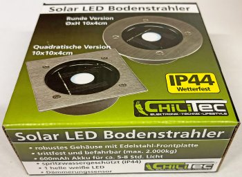 Solar LED Bodenstrahler "CTB-E", eckig / 105x105x40mm, IP44, Edelstahl-Front