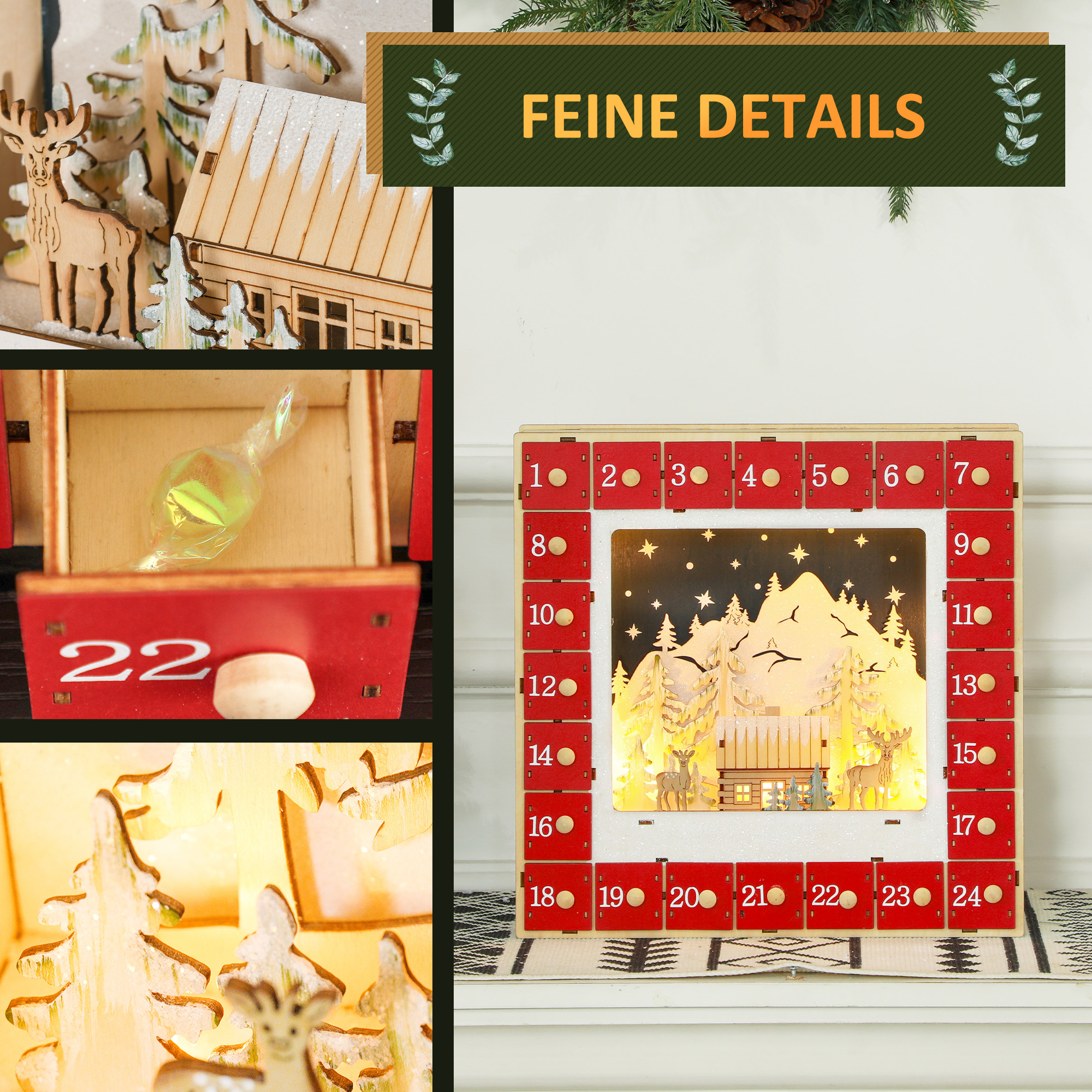 LED Adventskalender mit Dorfszene, 24 große Schubladen, MDF, 34 x 7 x 34 cm, Rot