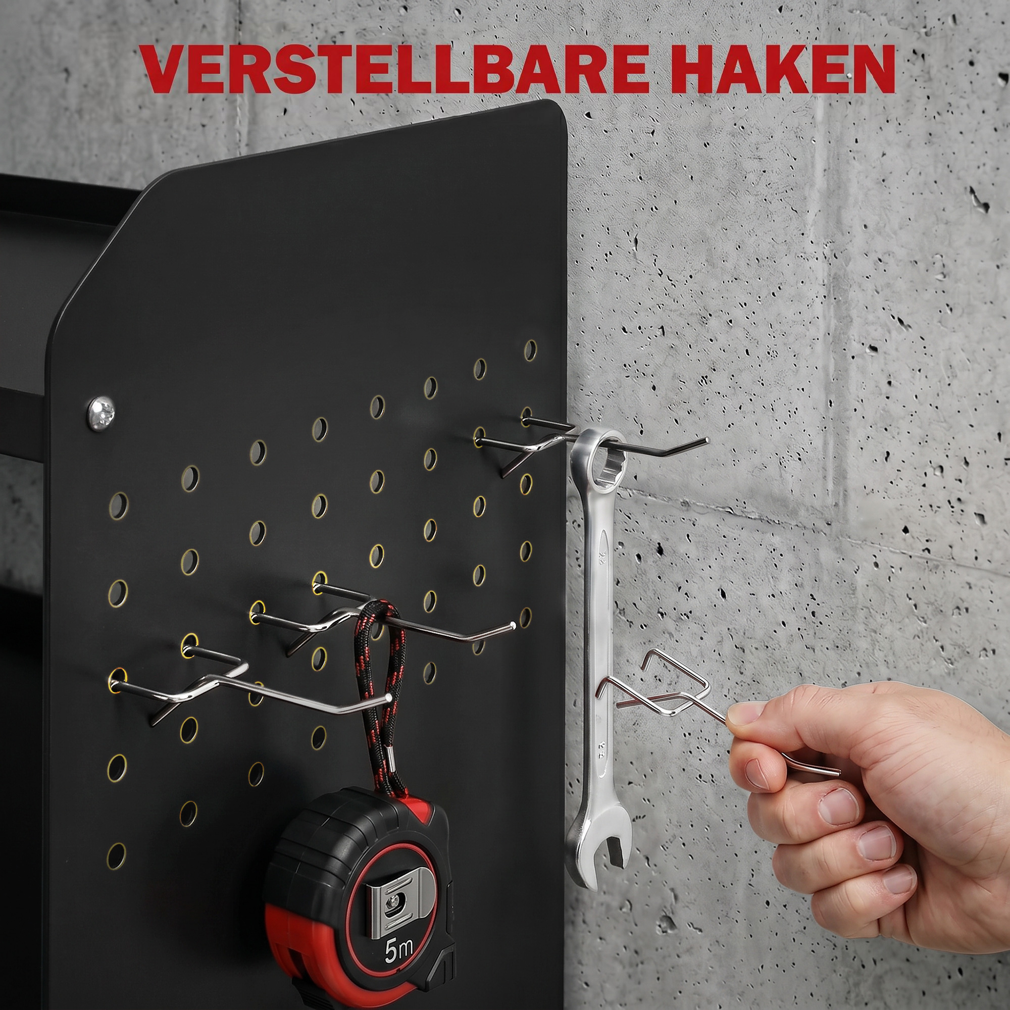 Gartenwerkzeug-Organizer 2-stufig Gartengeräte Ständer mit Haken Seitenfach bis 50 kg 61,8 x 23 x 32,7cm Schwarz