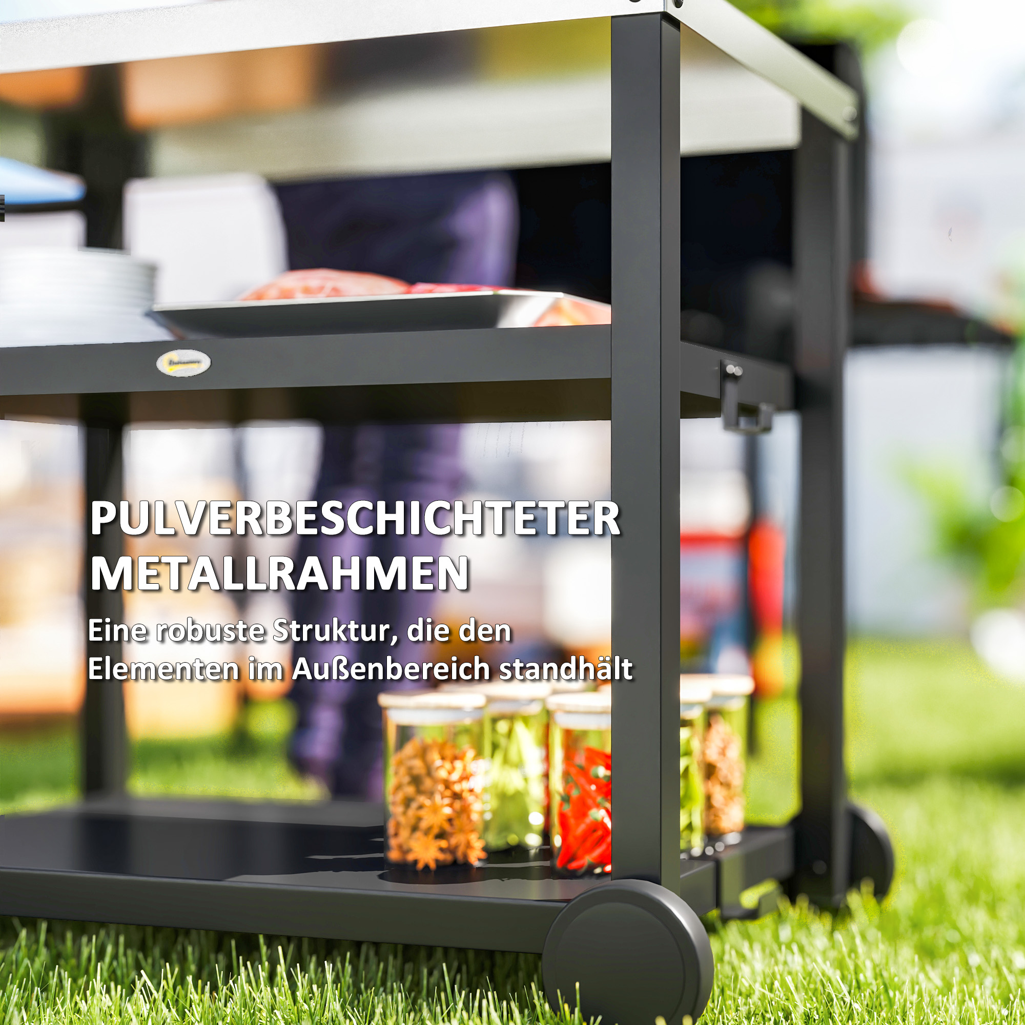 Grillwagen 3-Etagen Servierwagen mit Arbeitsfläche Ablagen Haken Räder, Edelstahl 102x50x81cm Kohlegrau