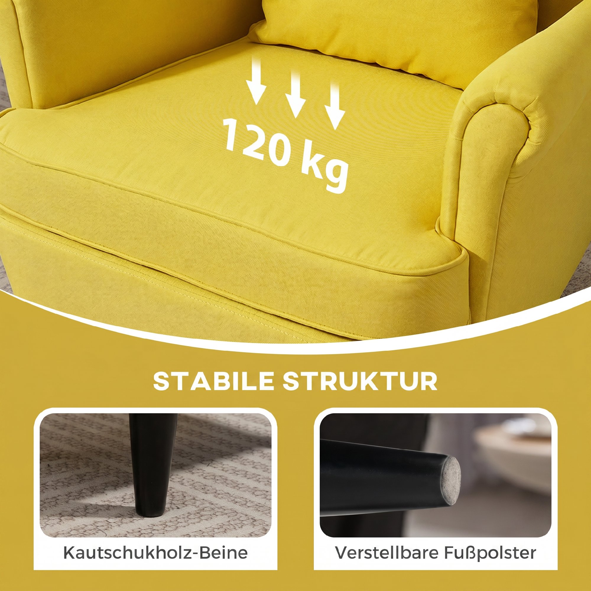 Ohrensessel mit Fußhocker, Polstersessel mit Kautschukholzbeinen, Stoffbezug, Gelb