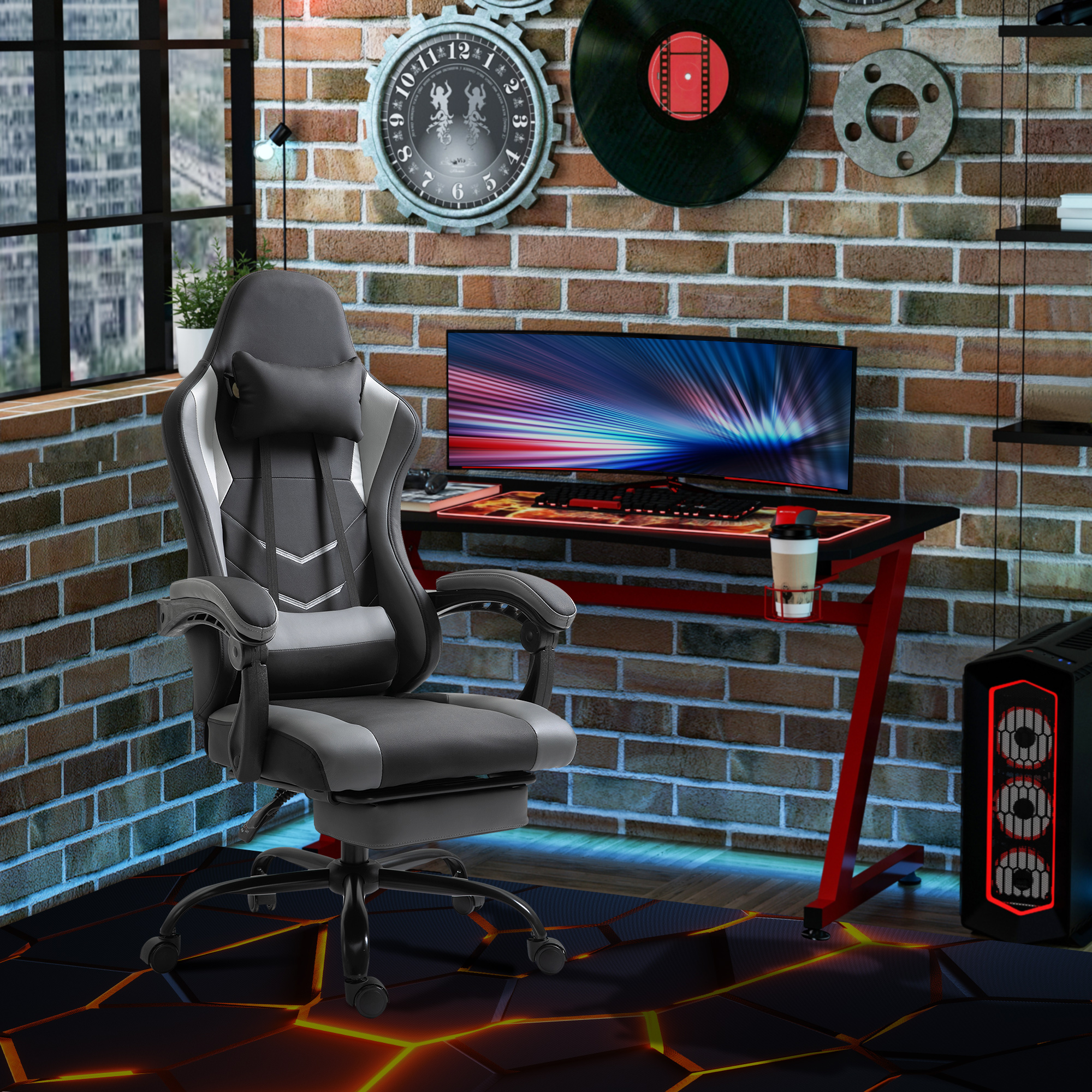 ergonomischer Gaming Stuhl Bürostuhl Schreibtischstuhl, Drehstuhl Höhenverstellbar, Verstellbares Lendenkissen mit Fußstützen Schwarz 62x52x128 cm