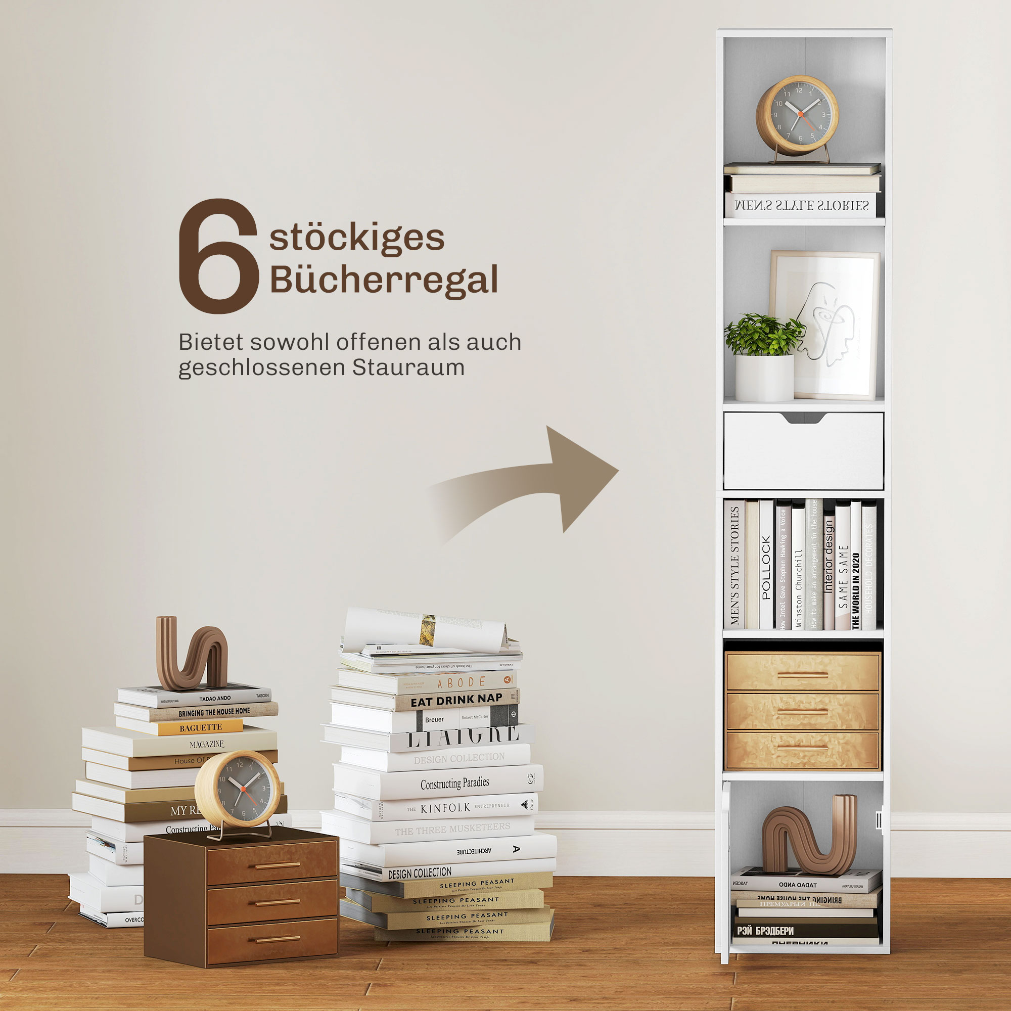 Bücherregal mit 6 Ebenen, 3-stufig verstellbar, mit Schublade, Schranktür, anpassbares Regal, Ausstellungsregal, Weiß