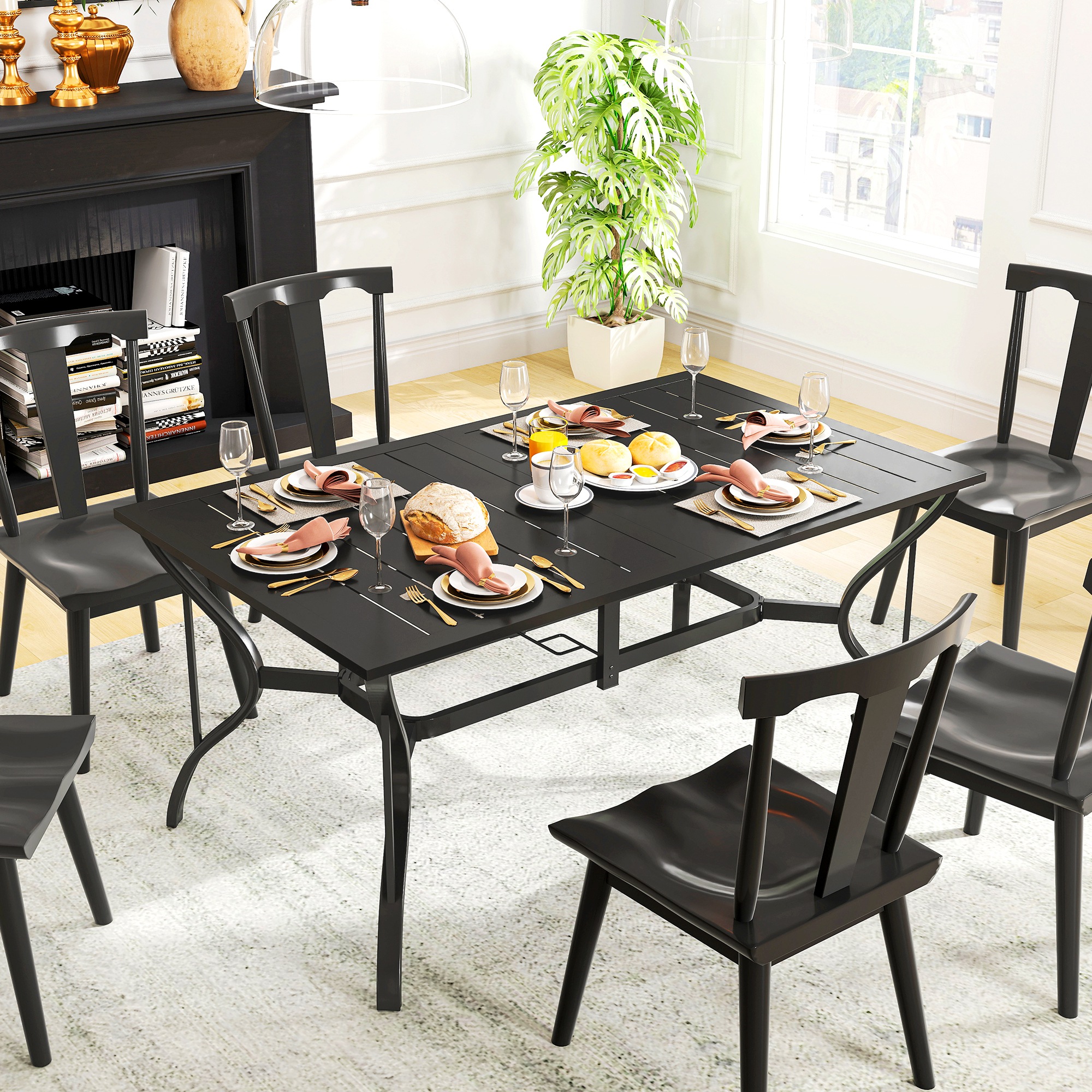 Gartentisch Stahl 150x90 cm Wetterfest Balkontisch mit Schirmloch, Lamellen-Design für 6 Personen Schwarz