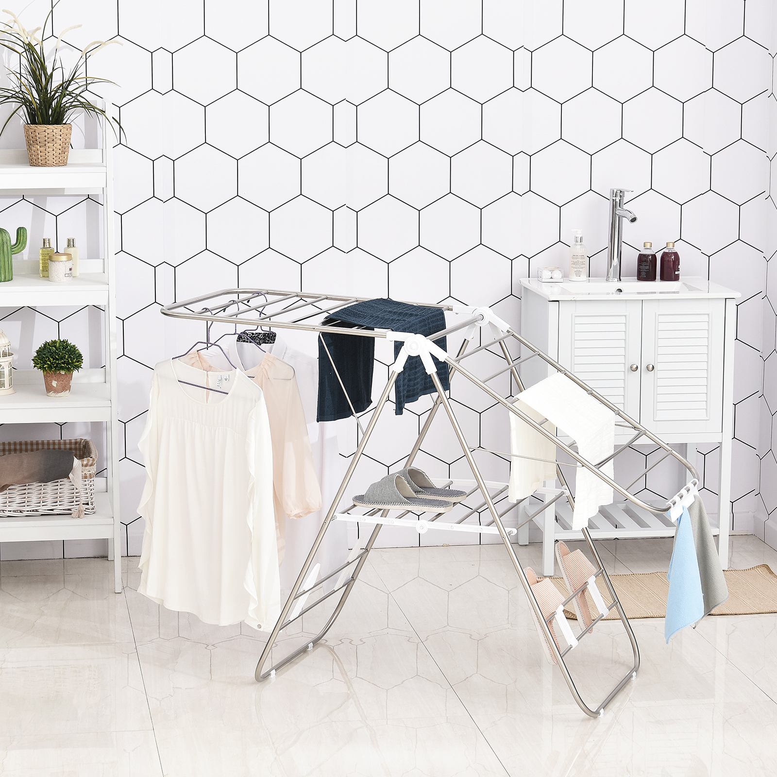 Wäscheständer 1,48 m Trockenlänge tragbar Standtrockner mit Teleskopstangen, Flügelwäscheständer Wäschetrockner für Innen und Außen, Silber+Weiß