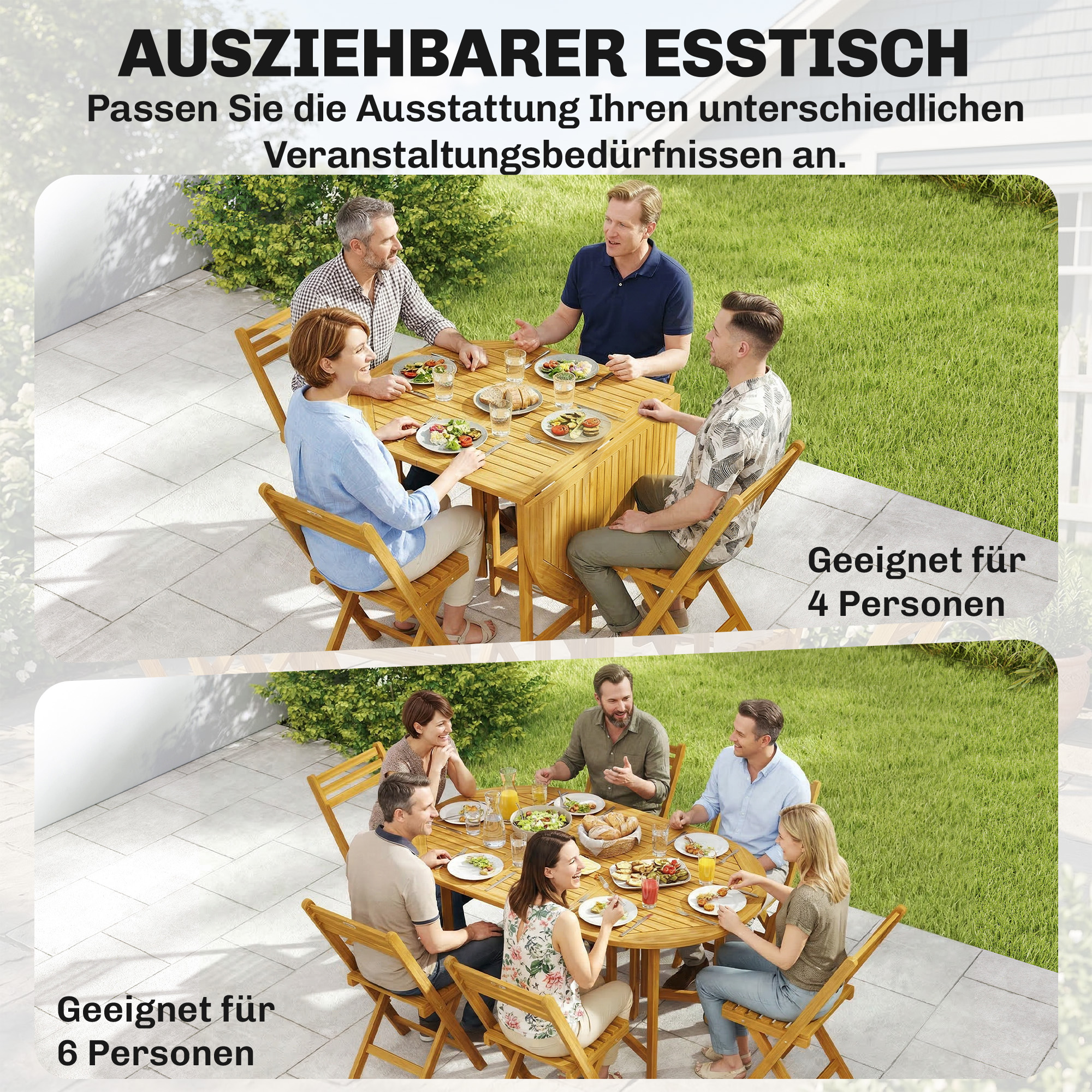 Gartenmöbel Set FSC Holz Sitzgruppe 7-teilig Klappbar Tisch mit 6 Klappstühlen Schirmloch Lamellendesign