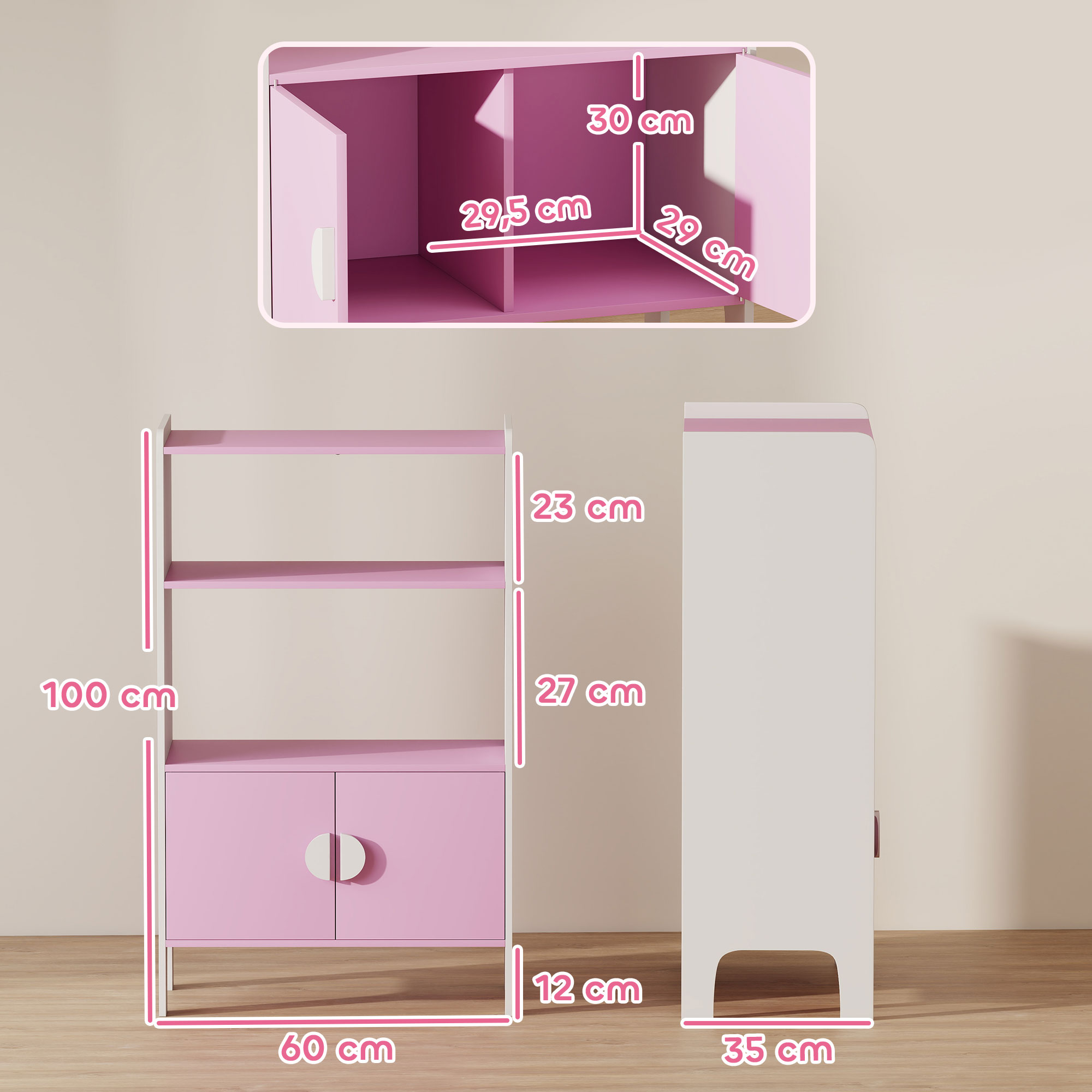 Bücherregal für Kinder, 2 Regale, 2 Schränke, freistehend, Anti-Kipp-Design, rutschfeste Füße, MDF, Rosa+Weiß