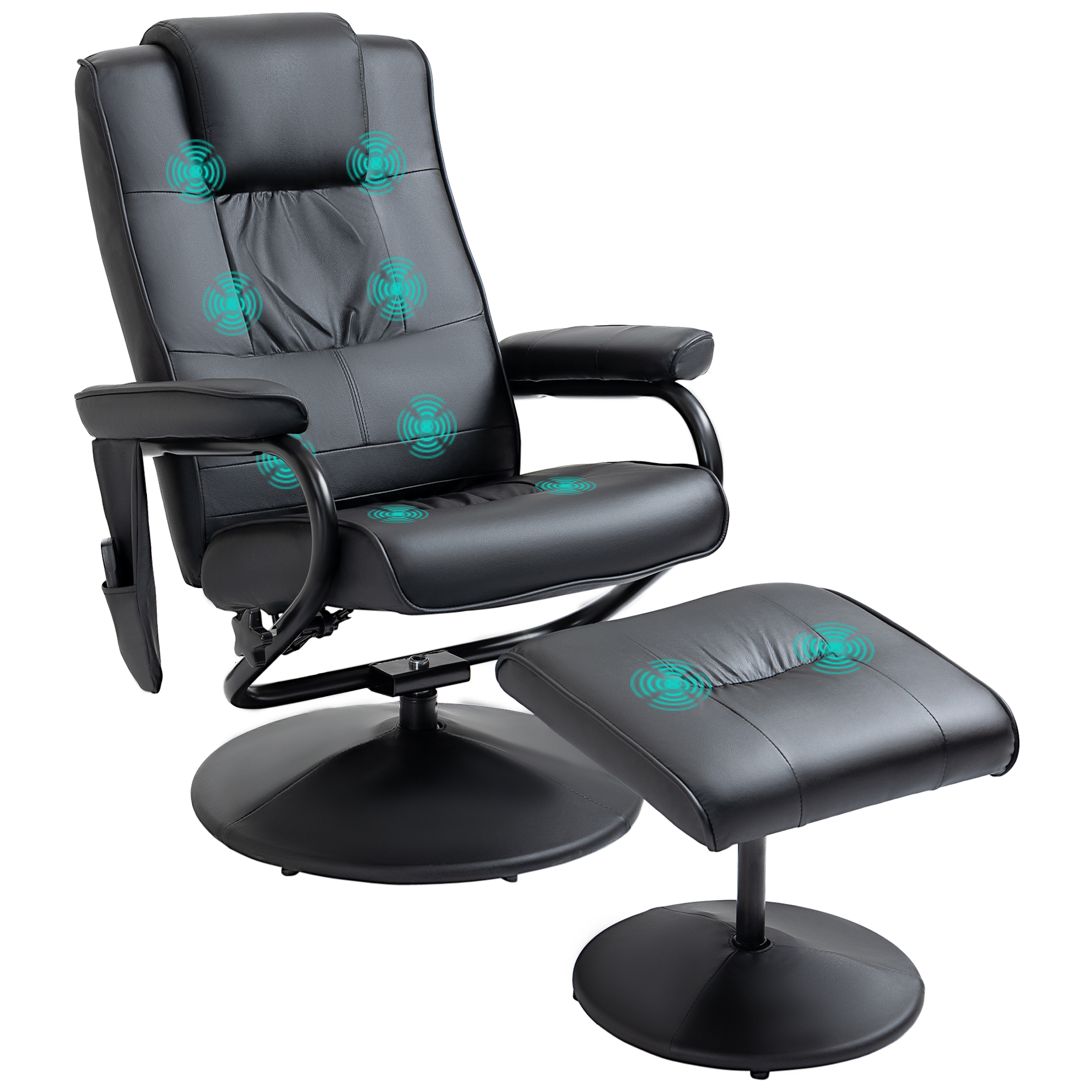Massagesessel mit Hocker, Drehbares Relaxsessel mit Massagefunktion, Fernsehsessel mit Liegefunktion, Fernbedienung für Wohnzimmer, Kunstleder, Schwarz