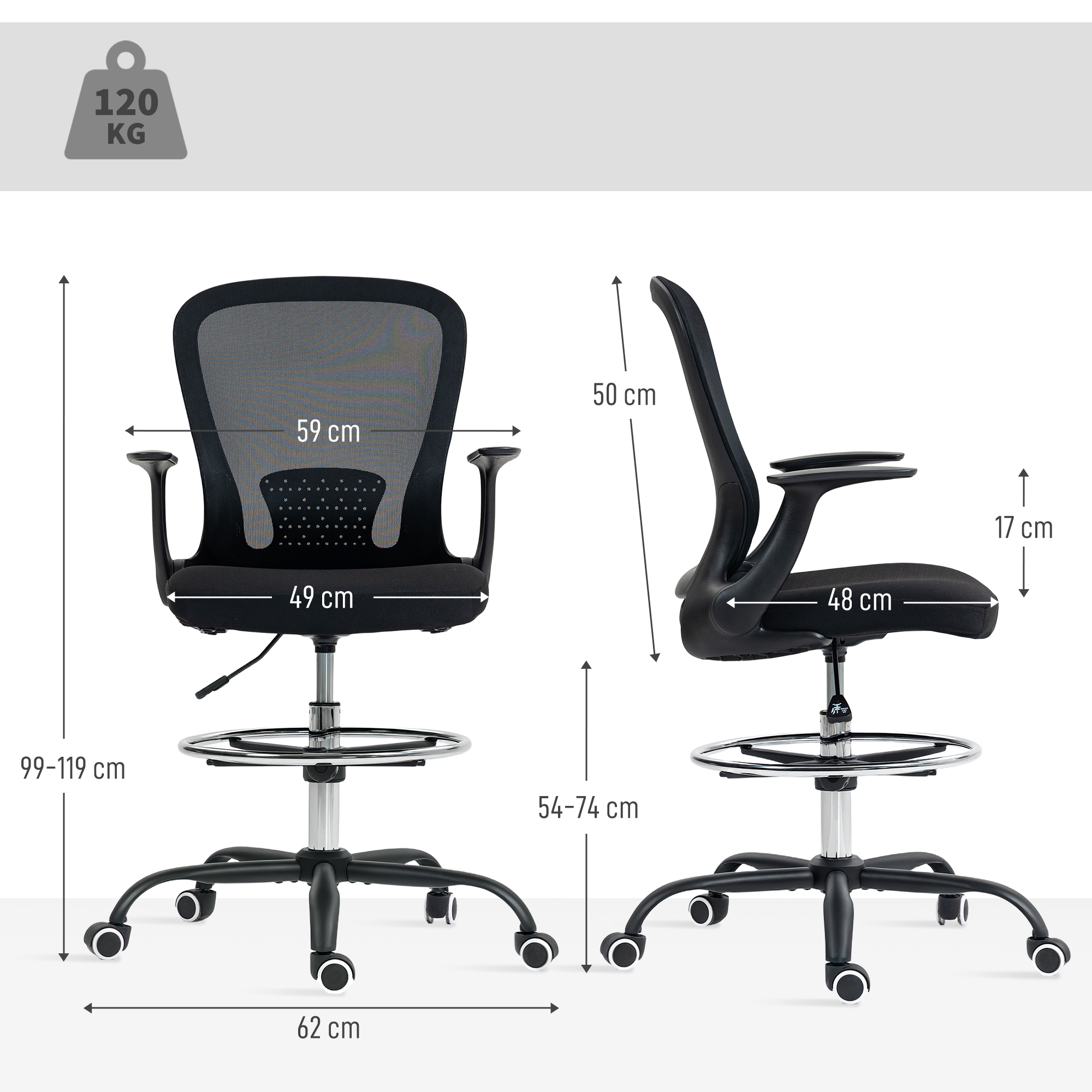 Bürostuhl Höhenverstellbar Schreibtischstuhl mit verstellbarer Fußring, Lendenwirbelstütze, 62 x 59 x 119 cm, Schwarz