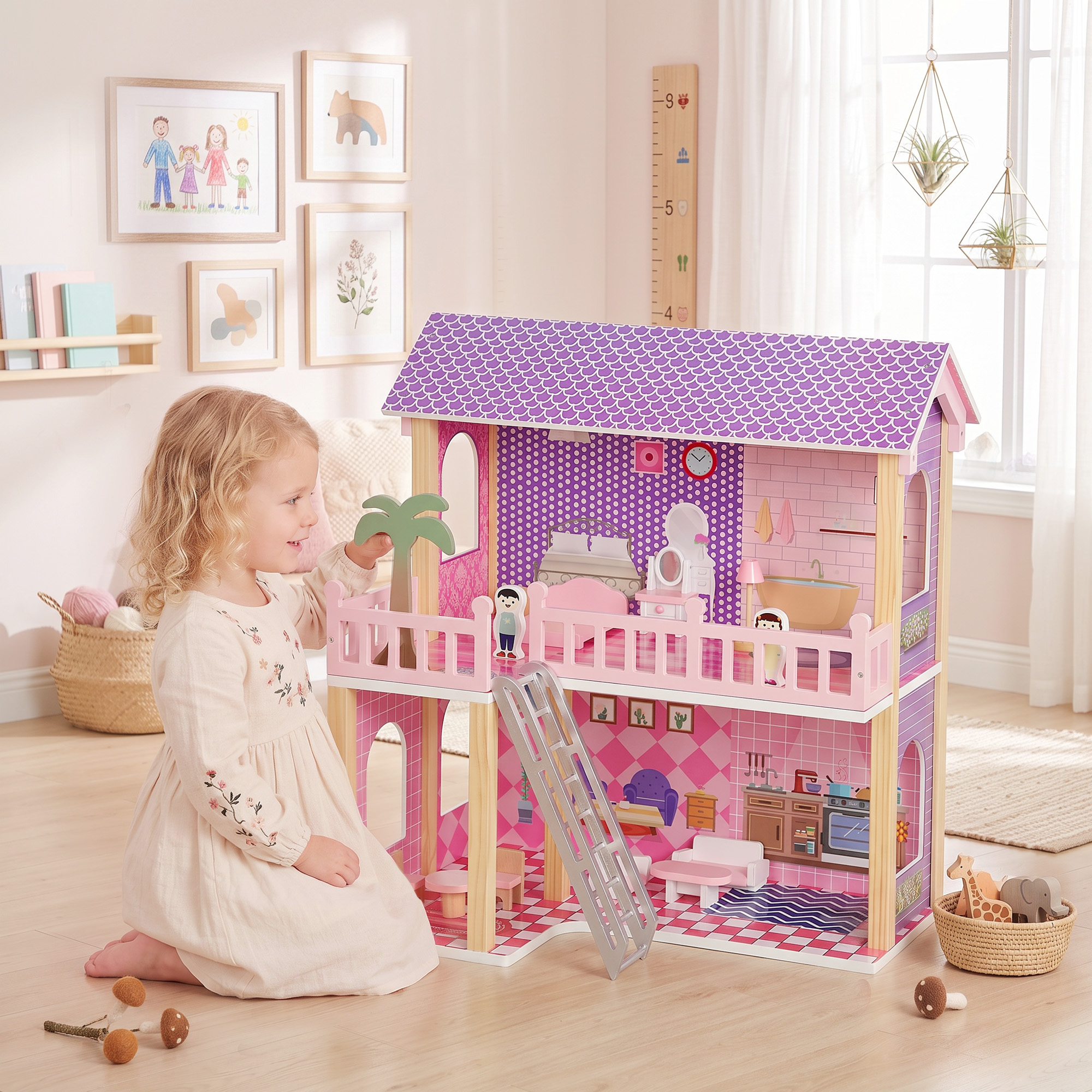 Puppenhaus 69 cm Hoch 2-stöckig mit 2 Puppen 11 Möbeln Leiter Balkon Groß für Mädchen von 3-6 Jahren Rosa