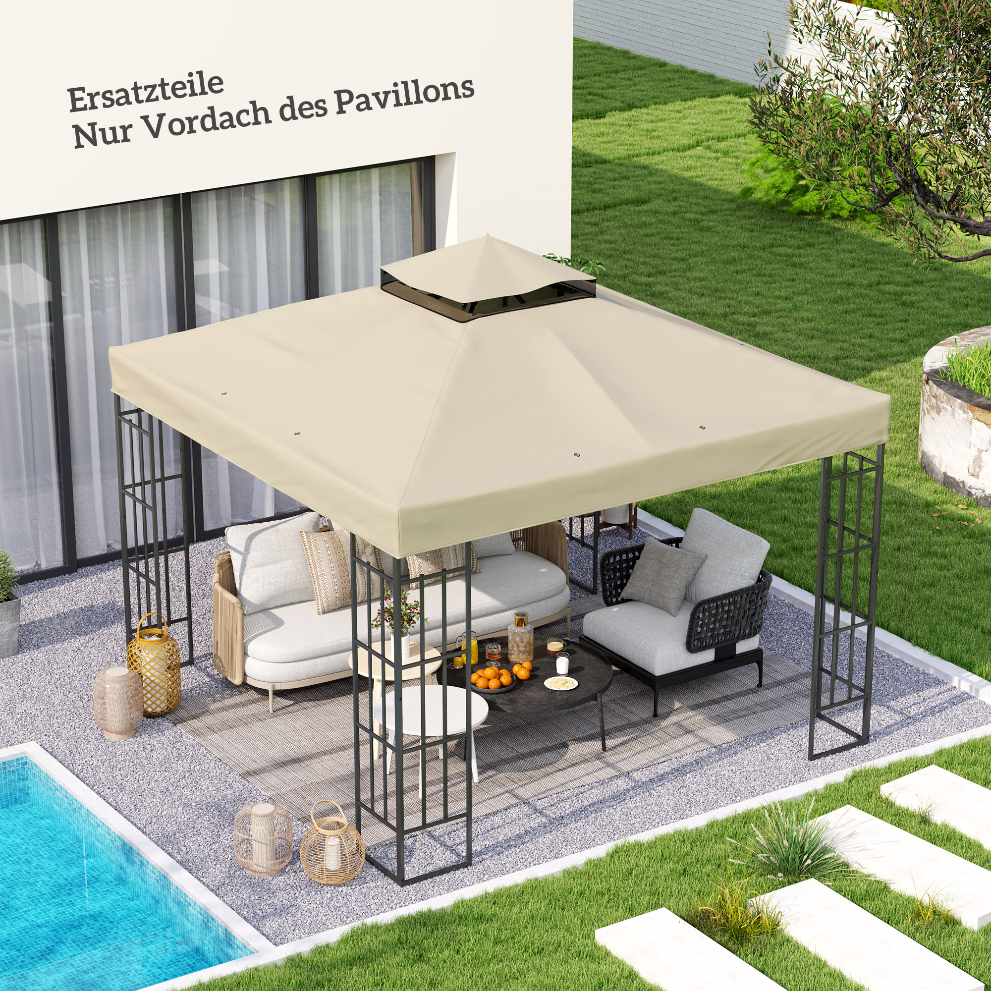 3 x 3 m Ersatzdach für Pavillon, Pavillon-Ersatzplane mit Wasserablauf-Löchern, UPF30+, Sonnenschutz, Cremeweiß