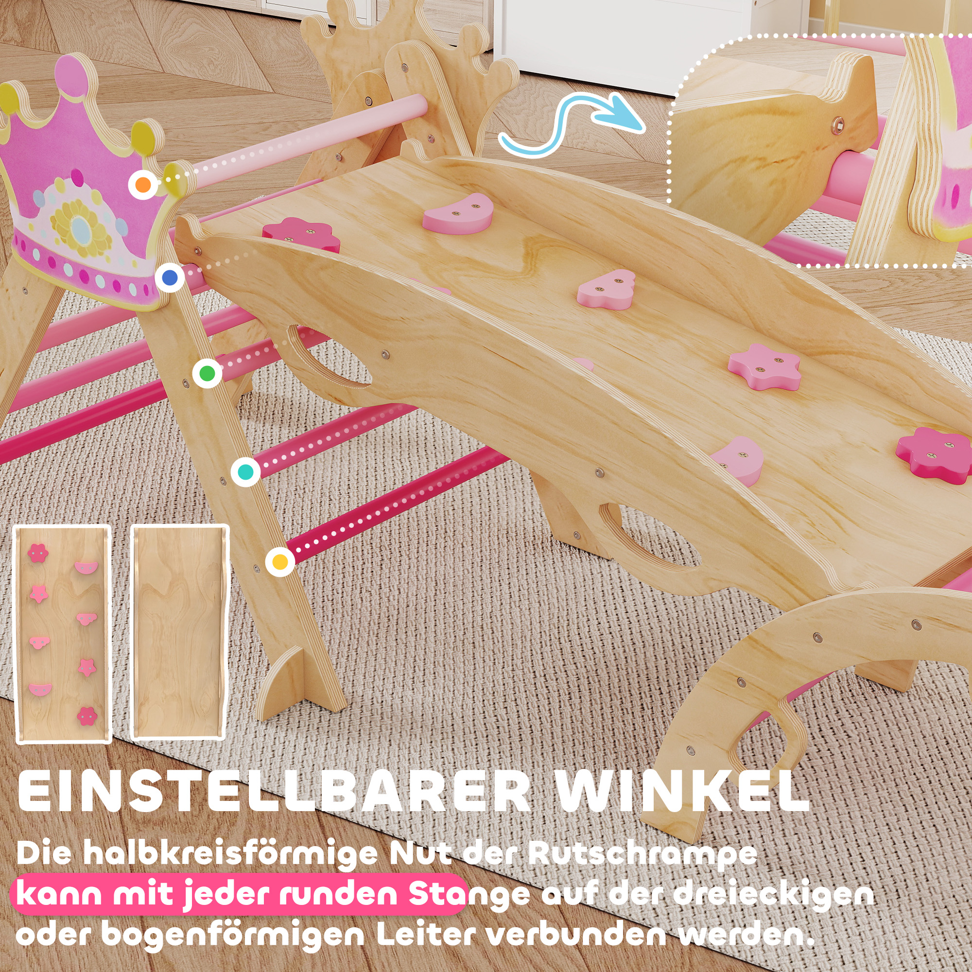 8-in-1 Indoor-Klettergerüst für Kinder, Prinzessinnen-Design, Rutsche, Rampe, Bogen, Holz