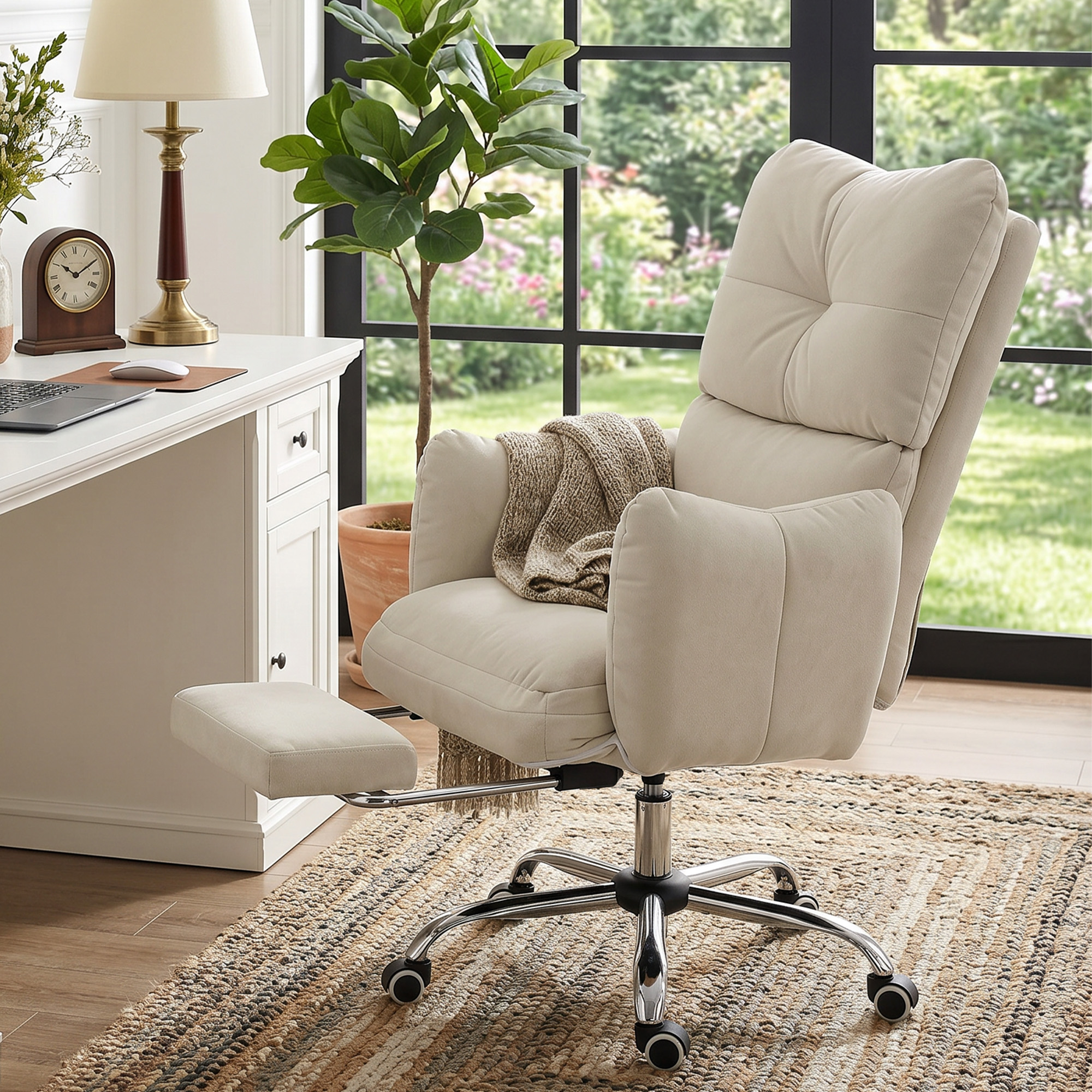 Bürostuhl mit Fußstütze, Ergonomischer Drehstuhl mit Wippfunktion, Verstellbarer Hohe Rückenlehne, Schneeflanellstoff