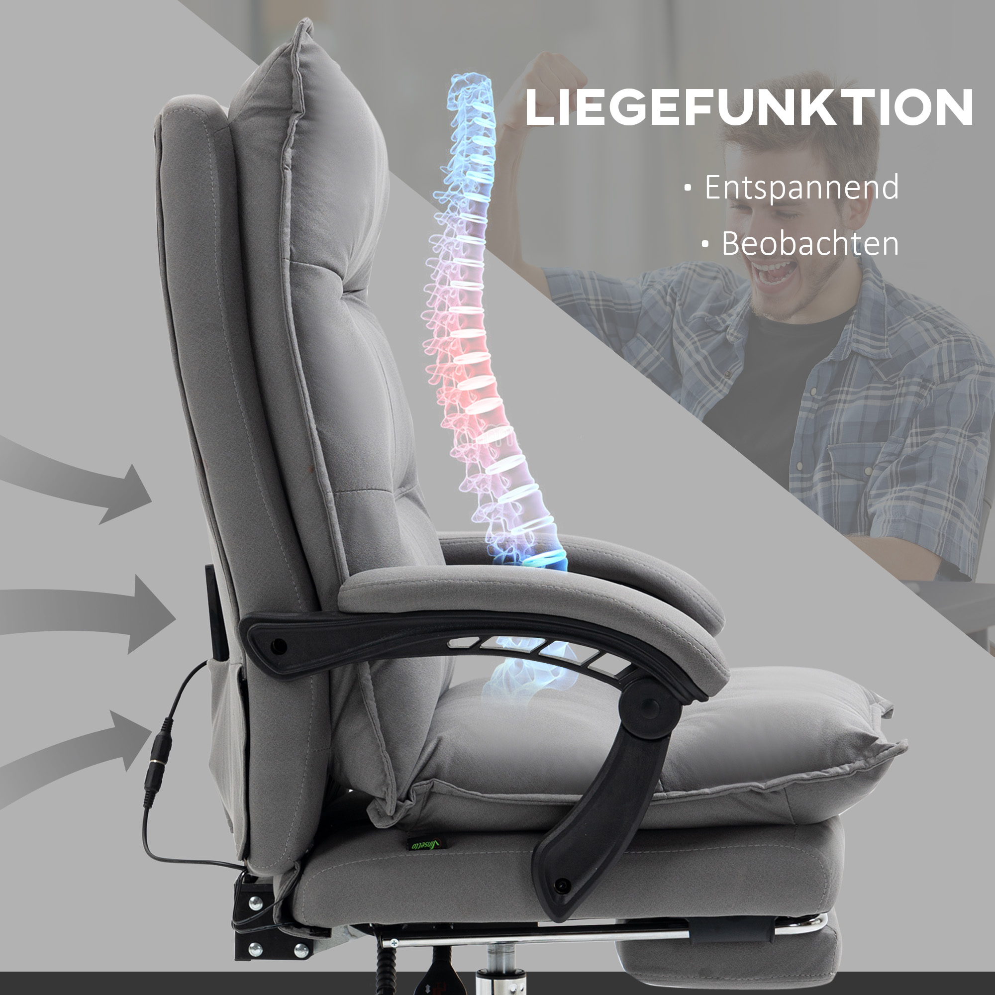 Bürostuhl mit Massagefunktion, Heizfunktion, Fernbedienung, ausfahrbare Fußstütze, neigbar, grau