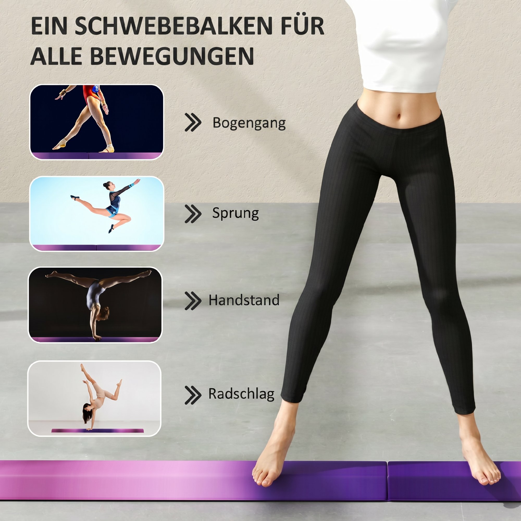 Schwebebalken 236 cm, faltbar, rutschfester Boden, für 3+ Jahre, bis 80 kg, Violett+Rosa