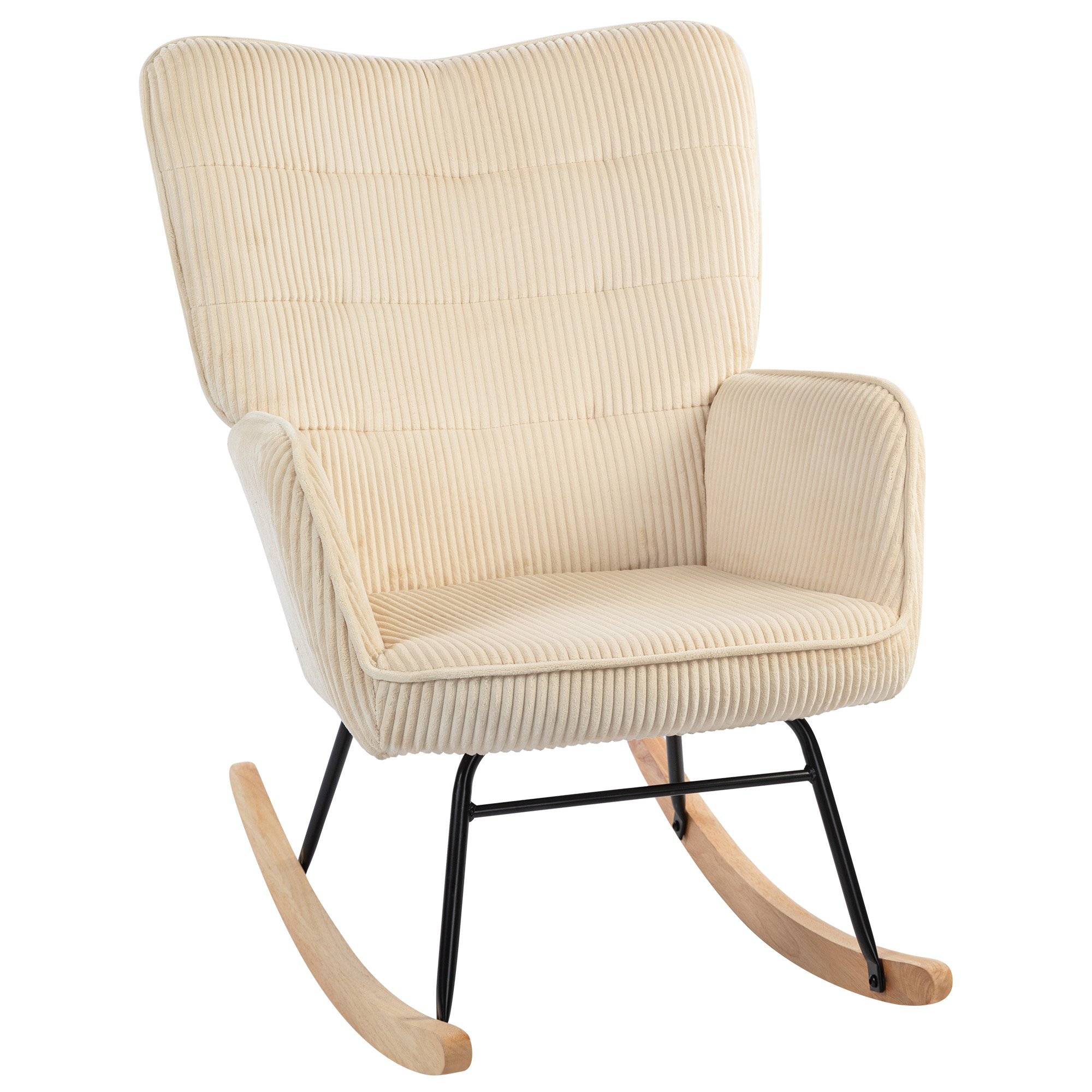 Vintage Schaukelstuhl, geschwungene Kufen, dicke Polsterung, Buchenholz & Stahl, Beige