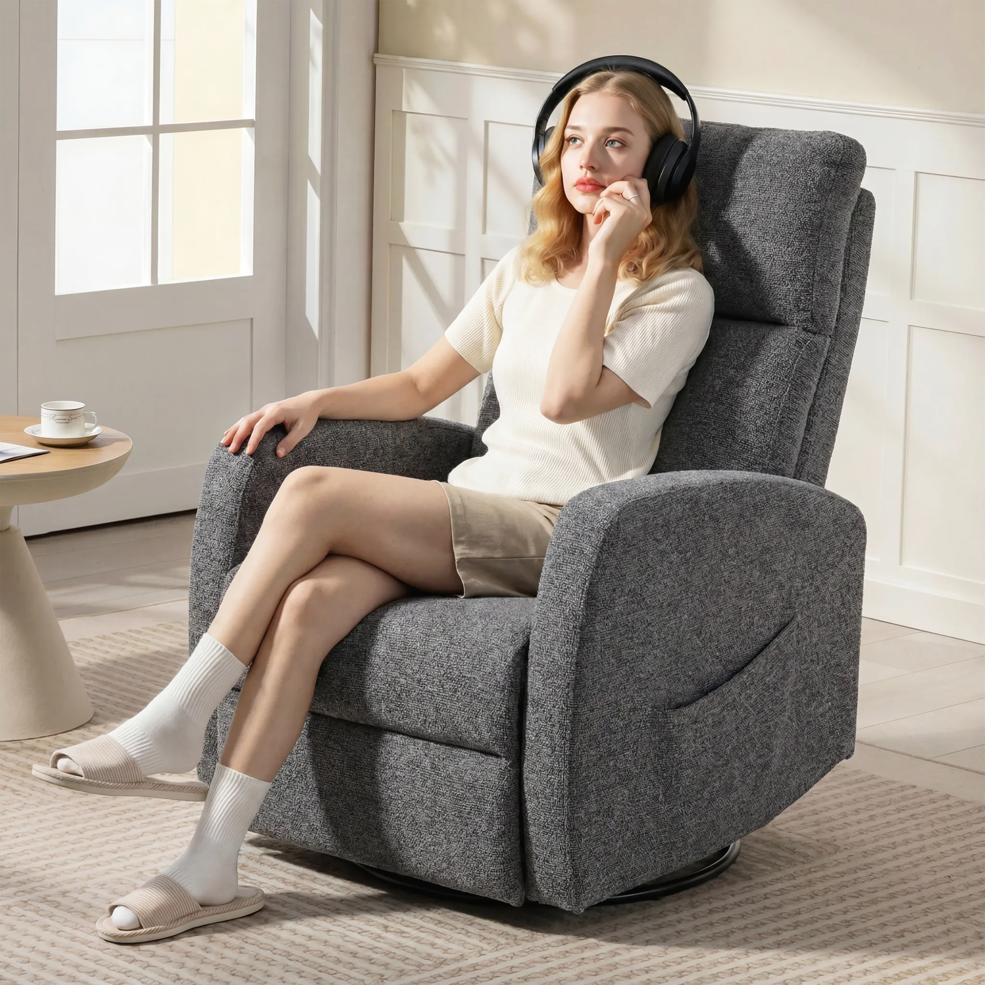 Relaxsessel drehbarer Fernsehsessel mit Wärme und Vibrationsmassage, Liegefunktion, Wippfunktion Dunkelgrau