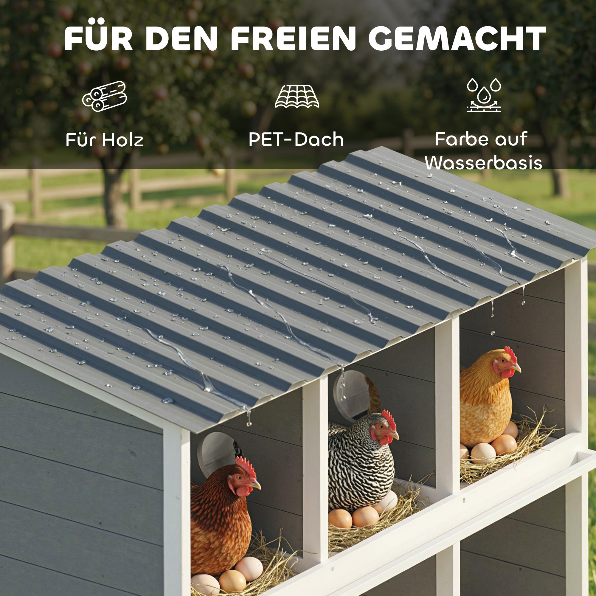 Legenest für Hühner, erhöhtes Hühnernest aus Holz mit 6 Fächer, 2 Sitzstangen für Kleintierstall 102 x 50 x 91 cm, Grau