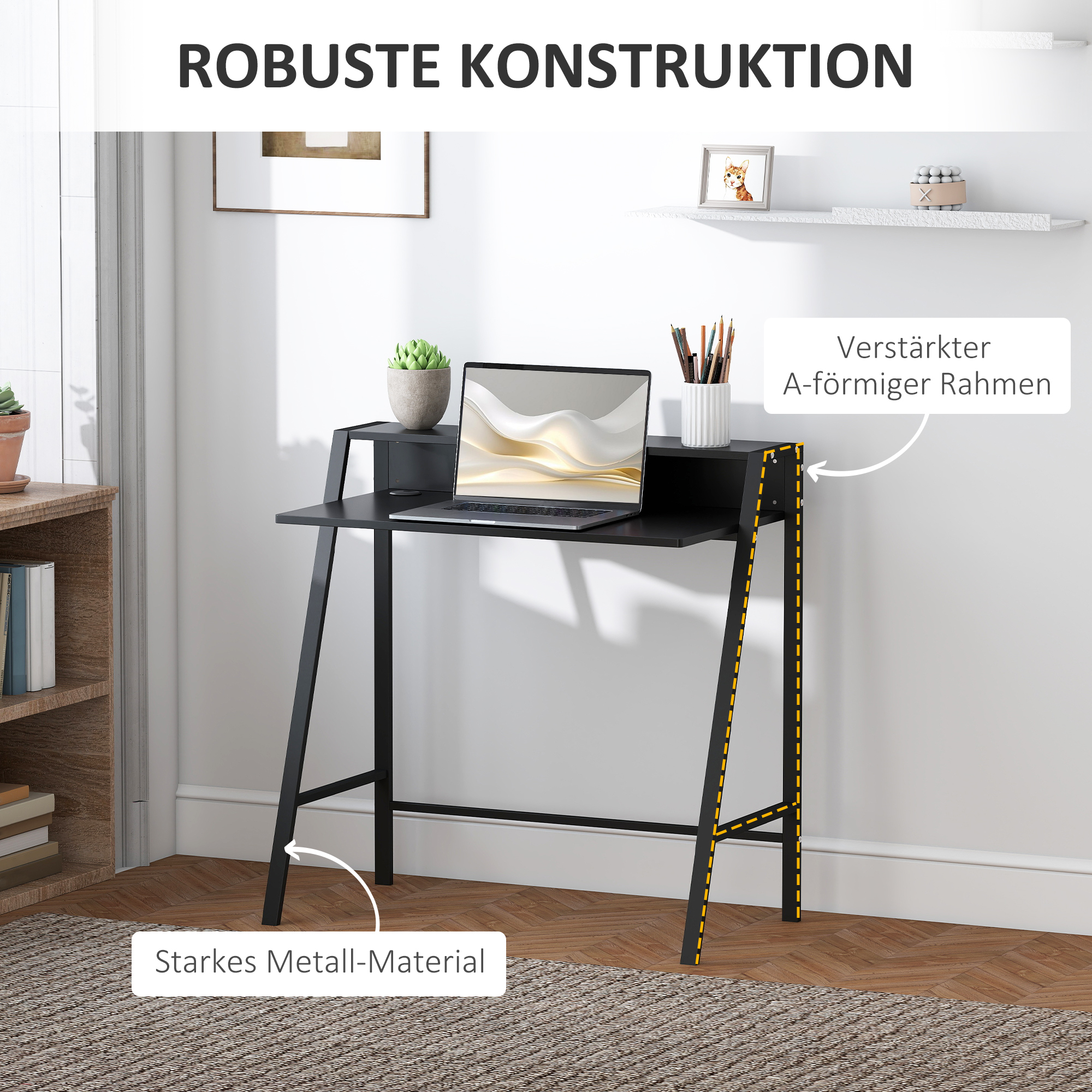 Schreibtisch, Computertisch mit Ablage und Kabel Management, moderner Schreibtisch mit Metallgestell für Arbeitszimmer, Schlafzimmer, Home Office, 84 x 45 x 85 cm, Schwarz