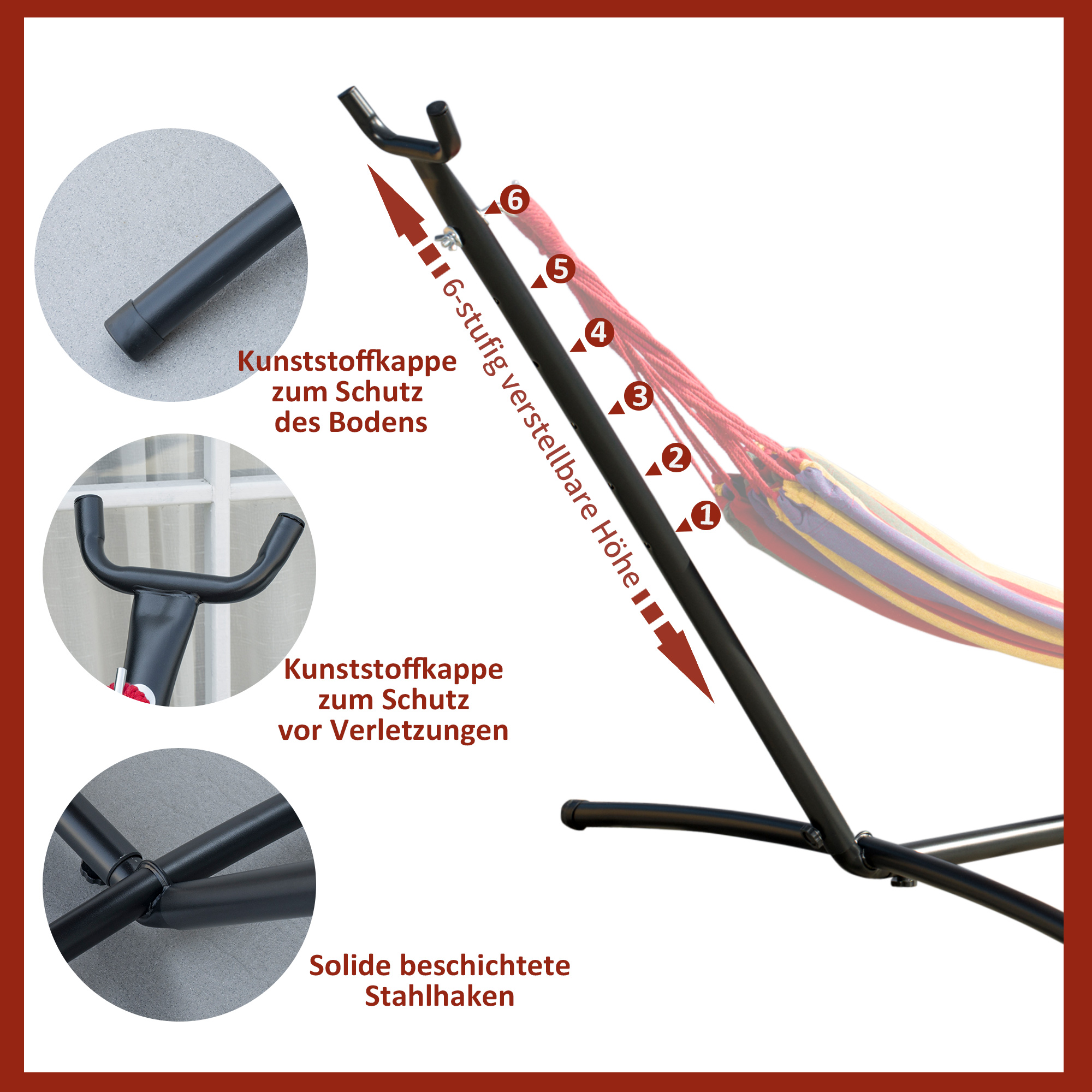 Hängemattengestell für Hängematte Hängemattenständer mit Haken Garten Strand Metall 280 x 120 x 110 cm bis 120kg