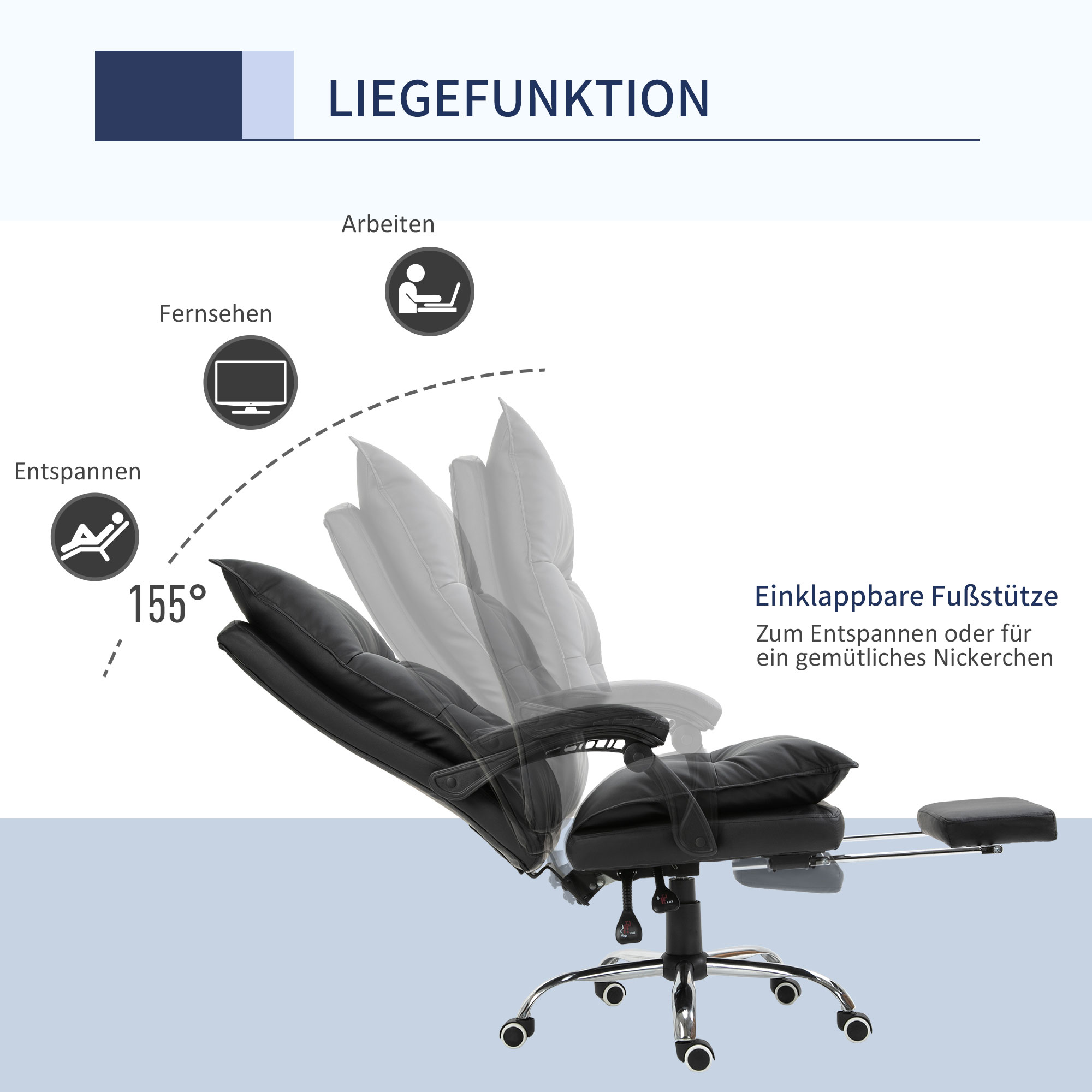 Bürostuhl Ergonomischer Schreibtischstuhl mit Armlehne, Fußstütze, höhenverstellbarer Drehstuhl aus Kunstleder, gepolstert Computerstuhl, Schwarz