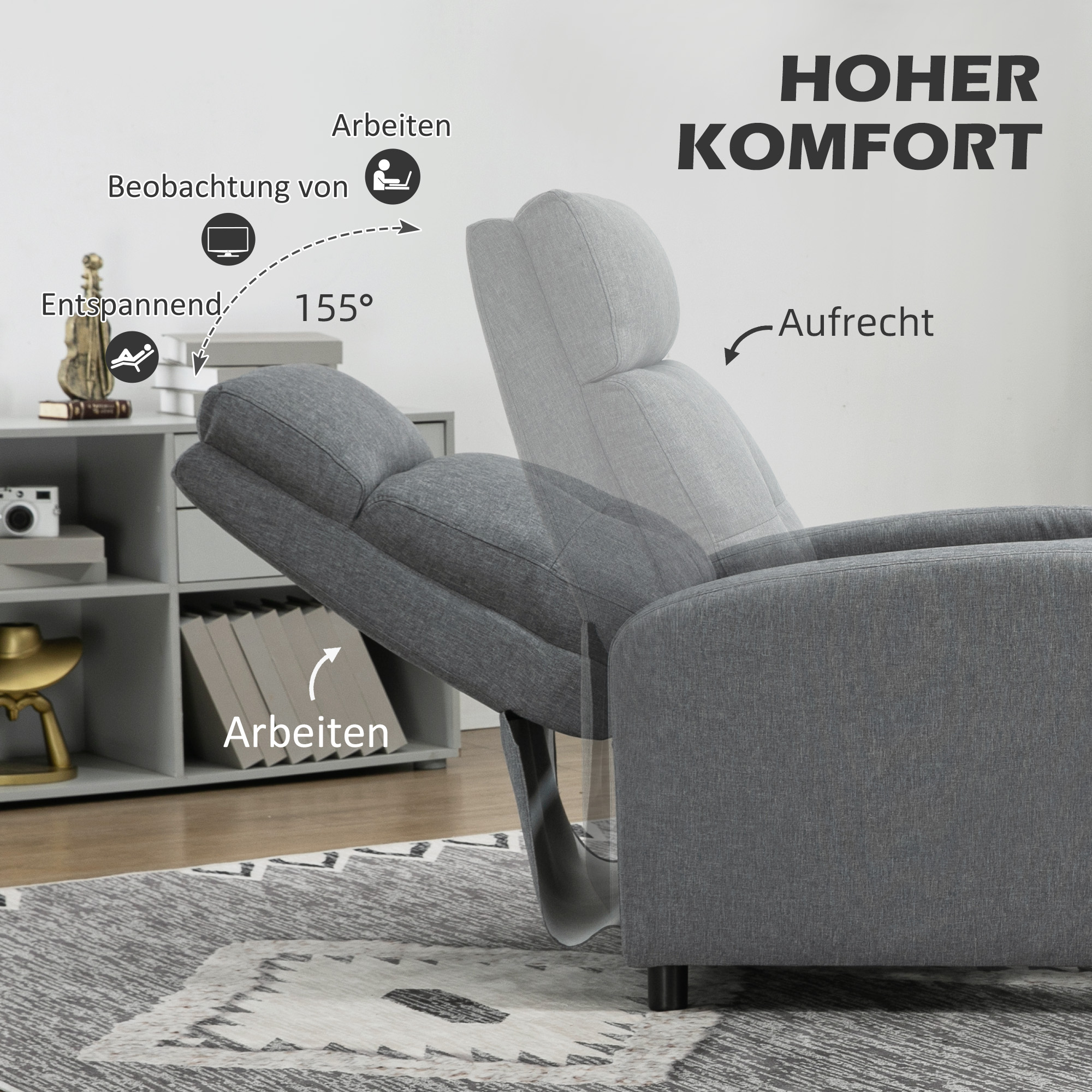 Relaxsessel mit Liegefunktion, ausfahrbares Fußteil, Taschenfederkern, bis 150 kg, Grau
