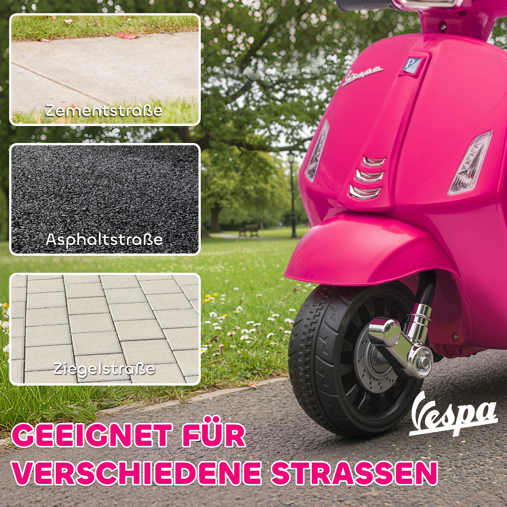 Elektro Motorrad Kinder Vespa 6V Elektromotorrad mit Stützrädern, Scheinwerfer, Hupe für 2-4 Jahre 71 x 37 x 52 cm Rosa