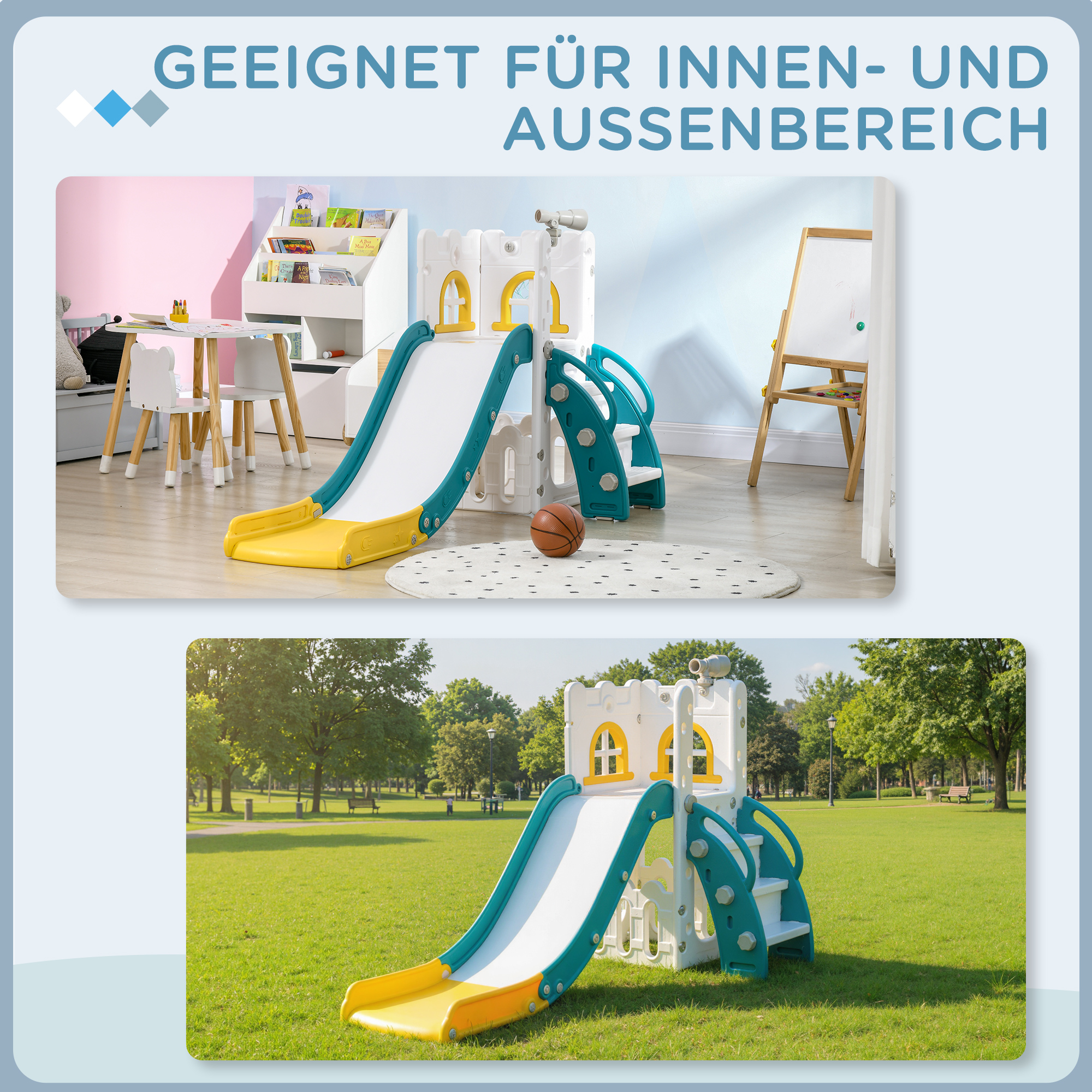 Kinderrutsche, 5 in 1, Kleinkinderrutsche mit Basketballkorb, Teleskop Klettergerüst Gelb 70 x 177 x 92 cm