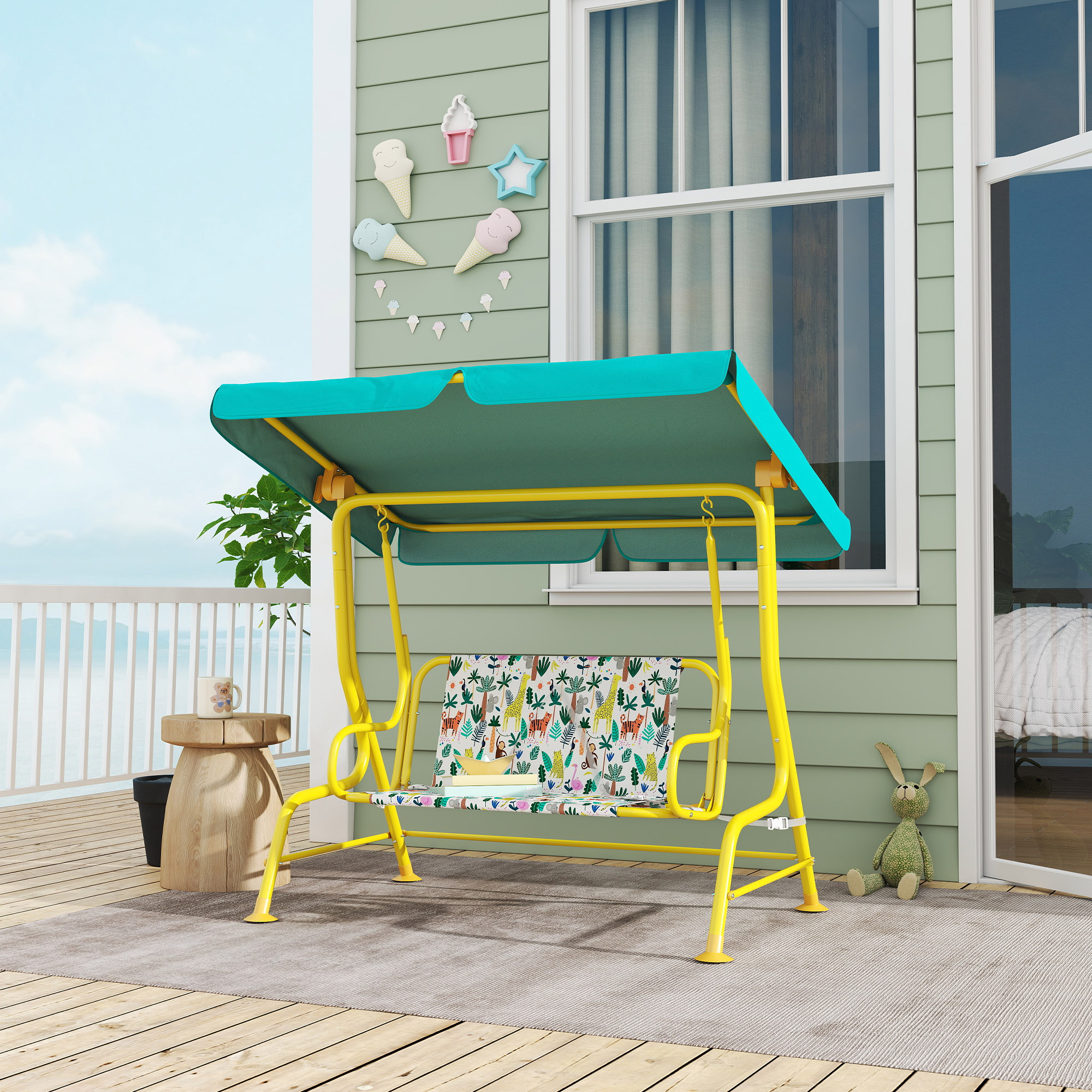 2-Sitzer Kinder Hollywoodschaukel mit verstellbar Sonnendach Sicherheitsgurt für 3-6 Jahre bis 60 kg 112x75x120cm Grün
