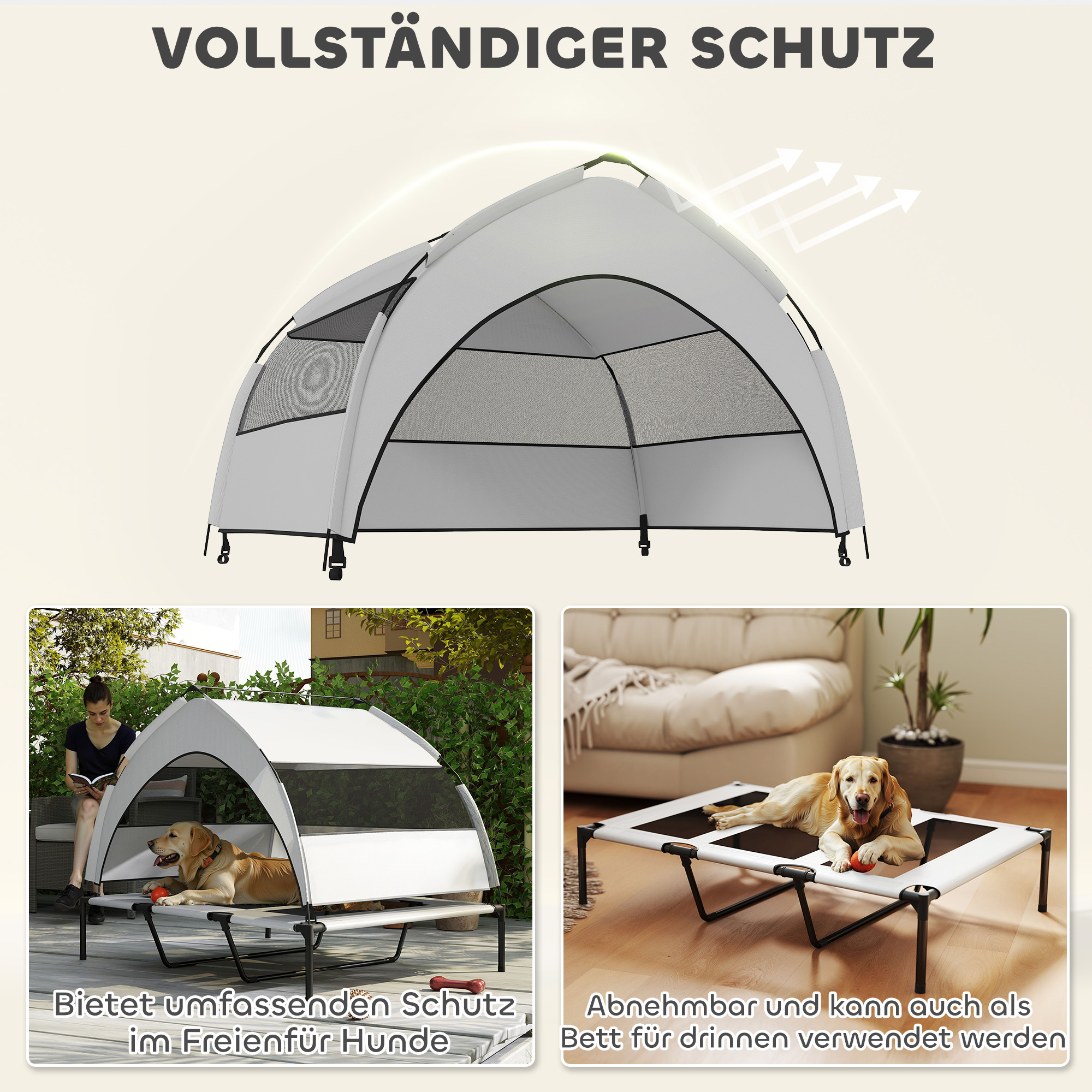 Hundeliege Outdoor mit Dach, Erhöhtes Hundebett für extra große Hunde, mit Stahlrahmen, 122x92x94cm, Hellgrau