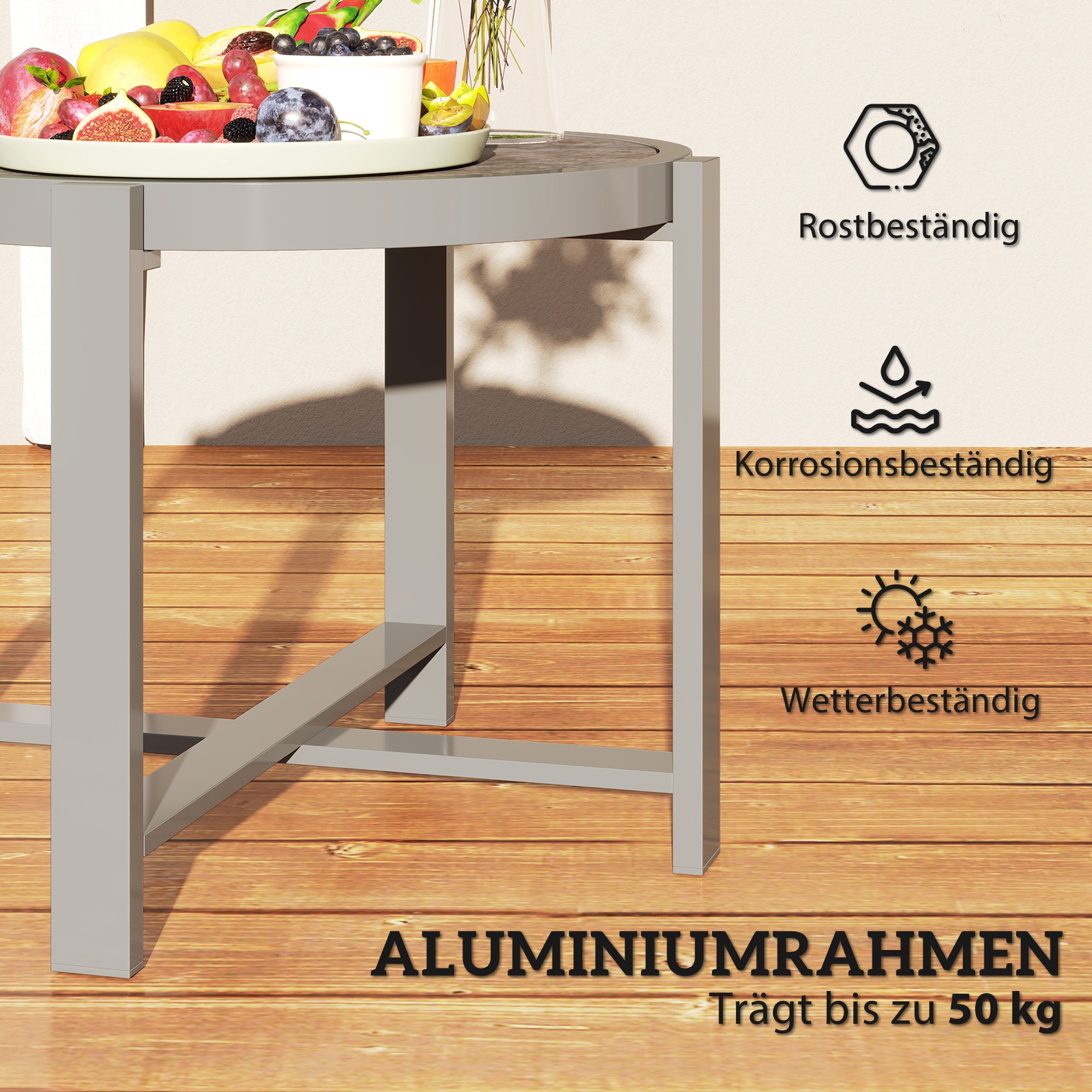Beistelltisch Gartentisch Rund wetterfest Aluminium Balkontisch mit Marmoroptik Grau