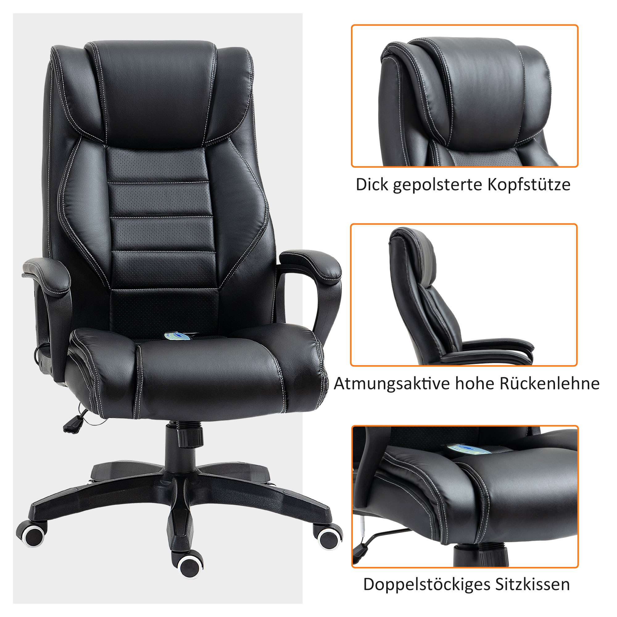 Bürostuhl mit Massage höhenverstellbarer Chefsessel ergonomischer Drehstuhl Gamingstuhl Computerstuhl Massage Sessel 6 Vibrationspunkte Leinen-Gefühl einstellbar Schwarz 66 x 78 x 112-120 cm