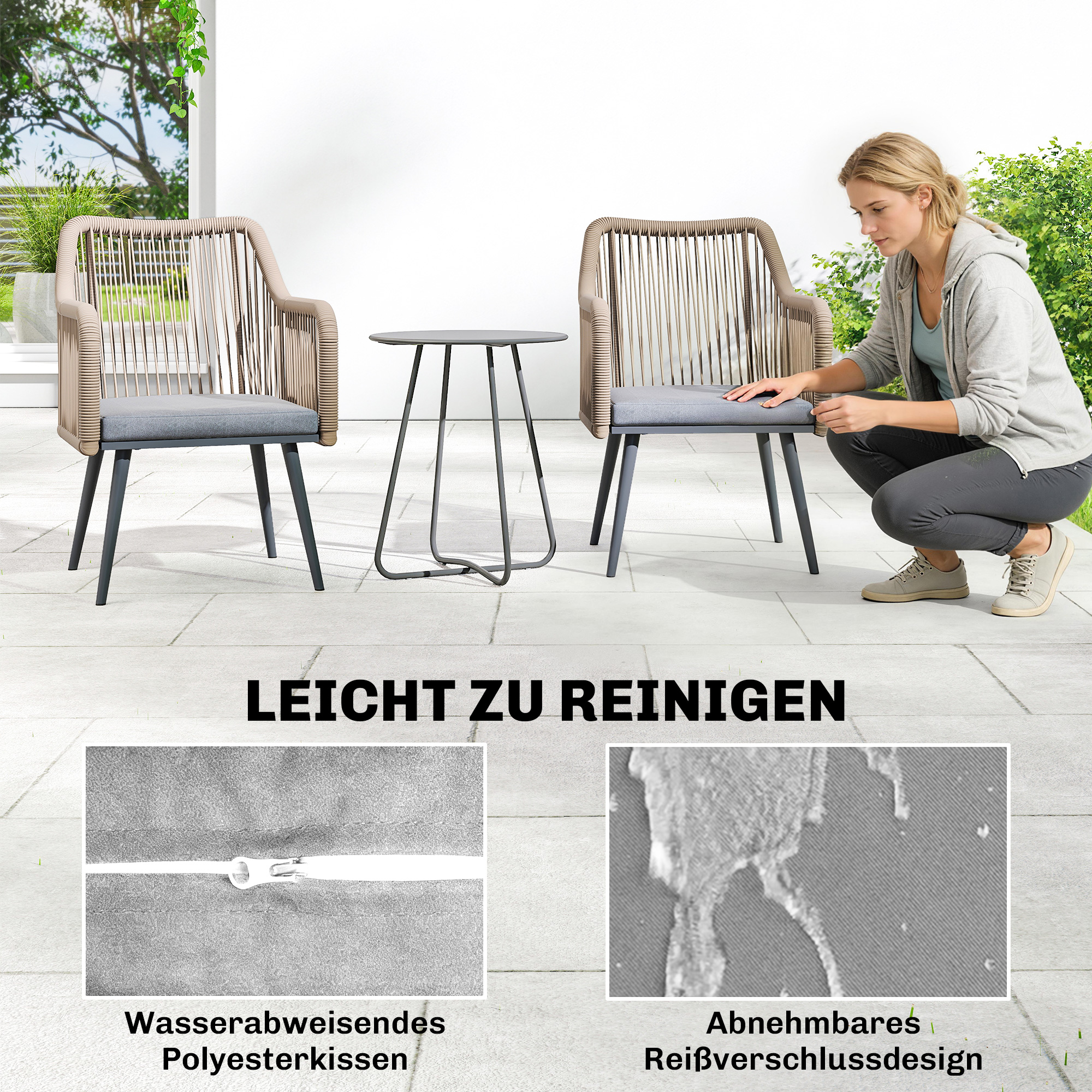 Gartenstuhl 2er Set wetterfest  Gartenstühle mit Armlehne Sitzkissen Metallrahmen bis 120 kg belastbar Hellgrau