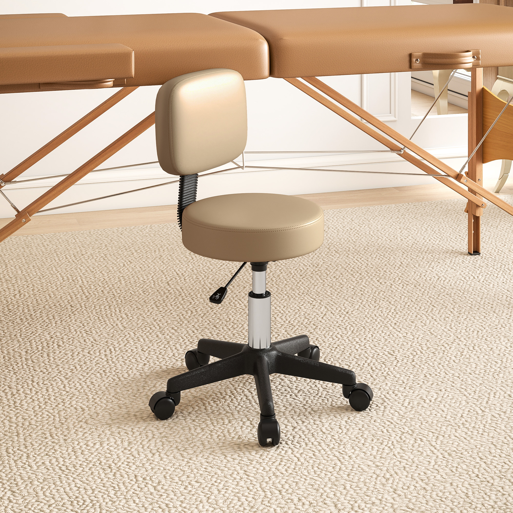 Rollhocker höhenverstellbar mit Rückenlehne 72-84 cm Hoch 360° Drehbar Arbeitshocker für Büro Salon Hellbraun